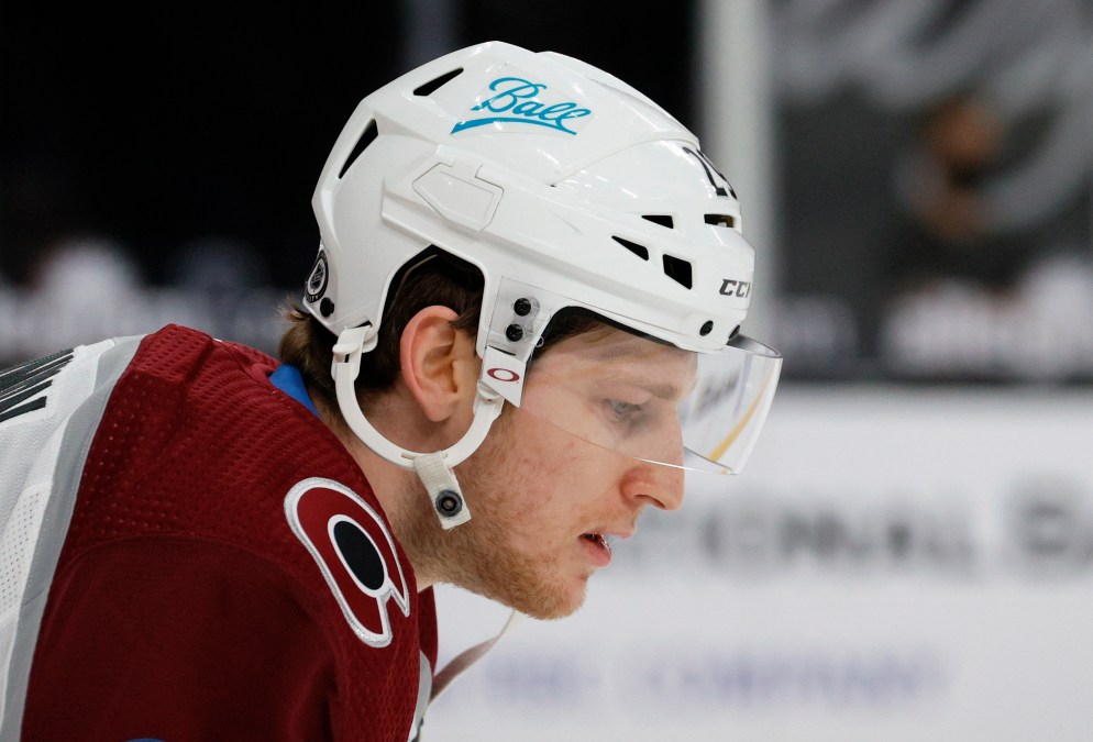 Nathan MacKinnon #29 of the Colorado Avalanche warms up before a game against the Vegas Golden Knights at T-Mobile Arena on May 10, 2021 in Las Vegas, Nevada. The Avalanche defeated the Golden Knights 2-1.