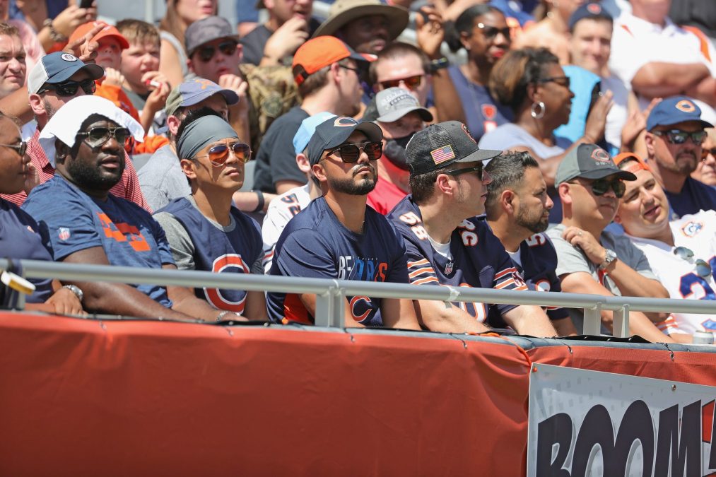 Fans watch as the Chicago Bears take on the Miami Dolphins during a preseason game at Soldier Field on August 14, 2021 in Chicago, Illinois. The Bears defeated the Dolphins 20-13.