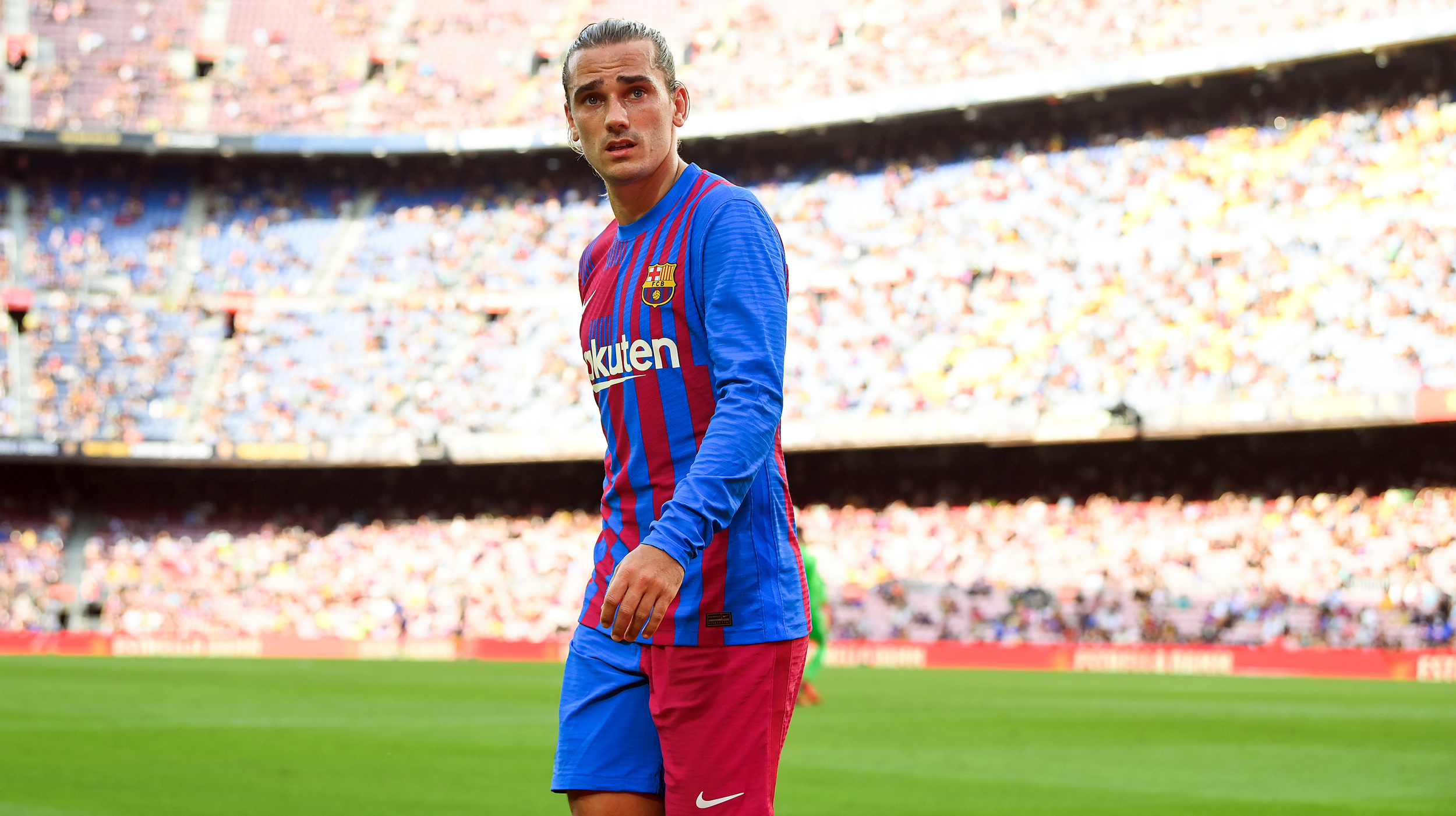 Antoine Griezmann of FC Barcelona looks on during the La Liga Santader match between FC Barcelona and Getafe CF at Camp Nou on August 29, 2021 in Barcelona, Spain.