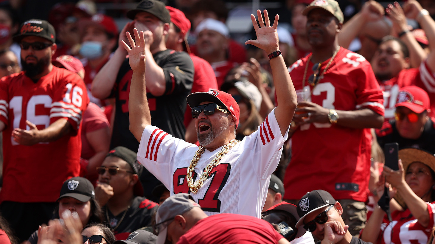 SANTA CLARA, CALIFORNIA - AUGUST 29: San Francisco 49ers fans cheer on their team during their preseason game against the Las Vegas Raiders at Levi's Stadium on August 29, 2021 in Santa Clara, California. (Photo by Ezra Shaw/Getty Images)