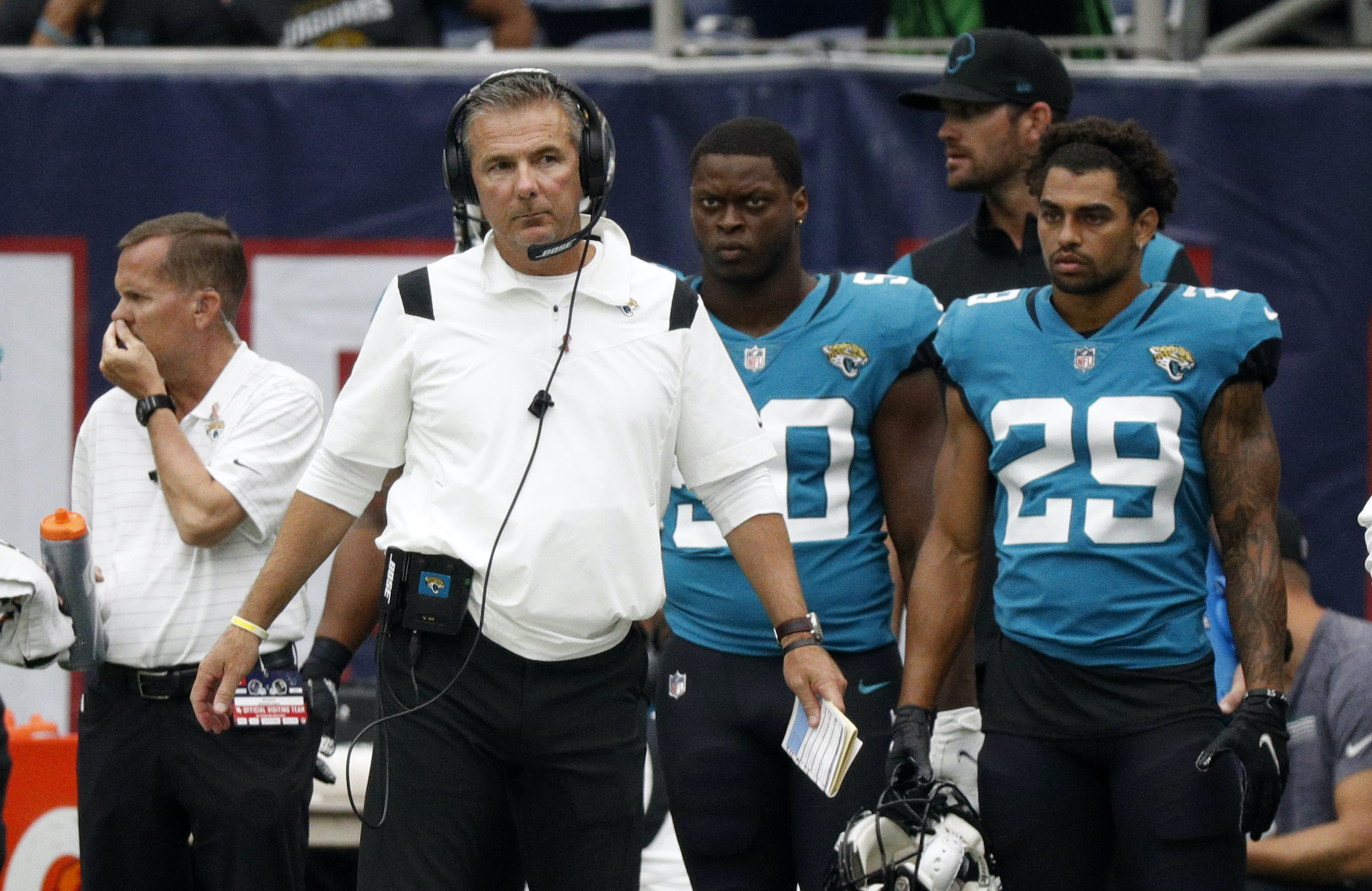Head coach Urban Meyer of the Jacksonville Jaguars looks on during the game against the Houston Texans at NRG Stadium on September 12, 2021 in Houston, Texas.