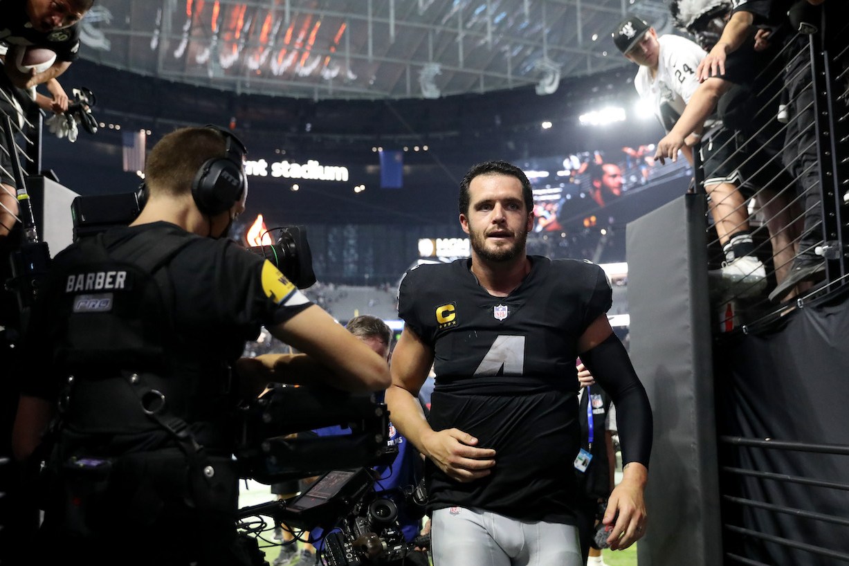LAS VEGAS, NEVADA - SEPTEMBER 13: Derek Carr #4 of the Las Vegas Raiders leaves the field after the Las Vegas Raiders defeat the Baltimore Ravens 33-27 in overtime at Allegiant Stadium on September 13, 2021 in Las Vegas, Nevada. (Photo by Christian Petersen/Getty Images)