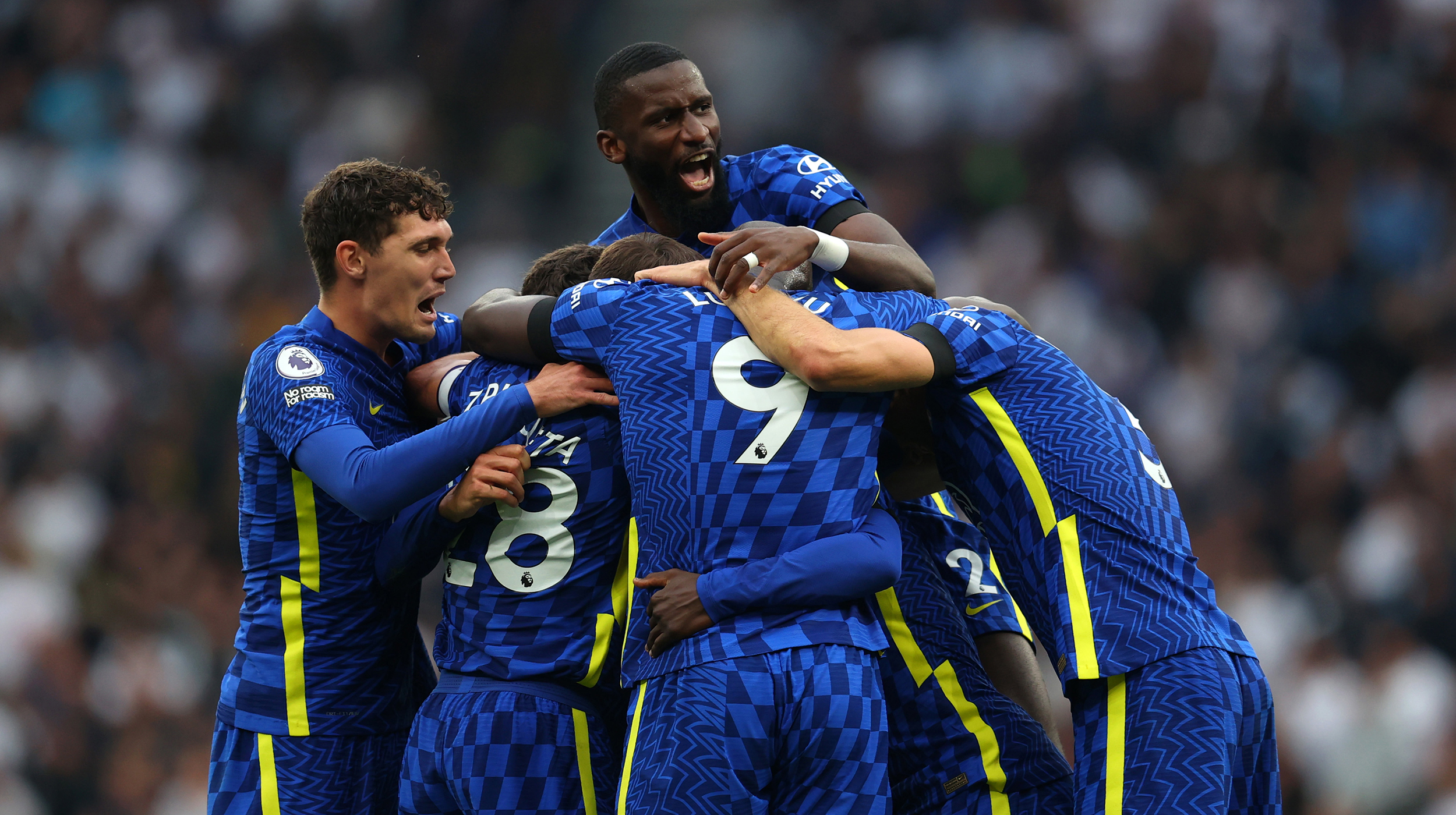 Antonio Rudiger of Chelsea jumps up as the team celebrate the second goal scored by N'Golo Kante of Chelsea during the Premier League match between Tottenham Hotspur and Chelsea at Tottenham Hotspur Stadium on September 19, 2021 in London, England.