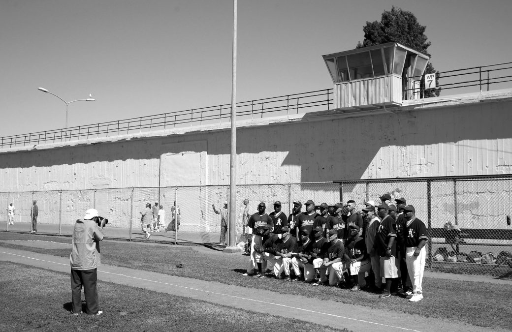 The San Quentin Athletics pose for a team photo for the prison newspaper before their game against Club Mexico on April 29, 2017 in San Quentin, California.