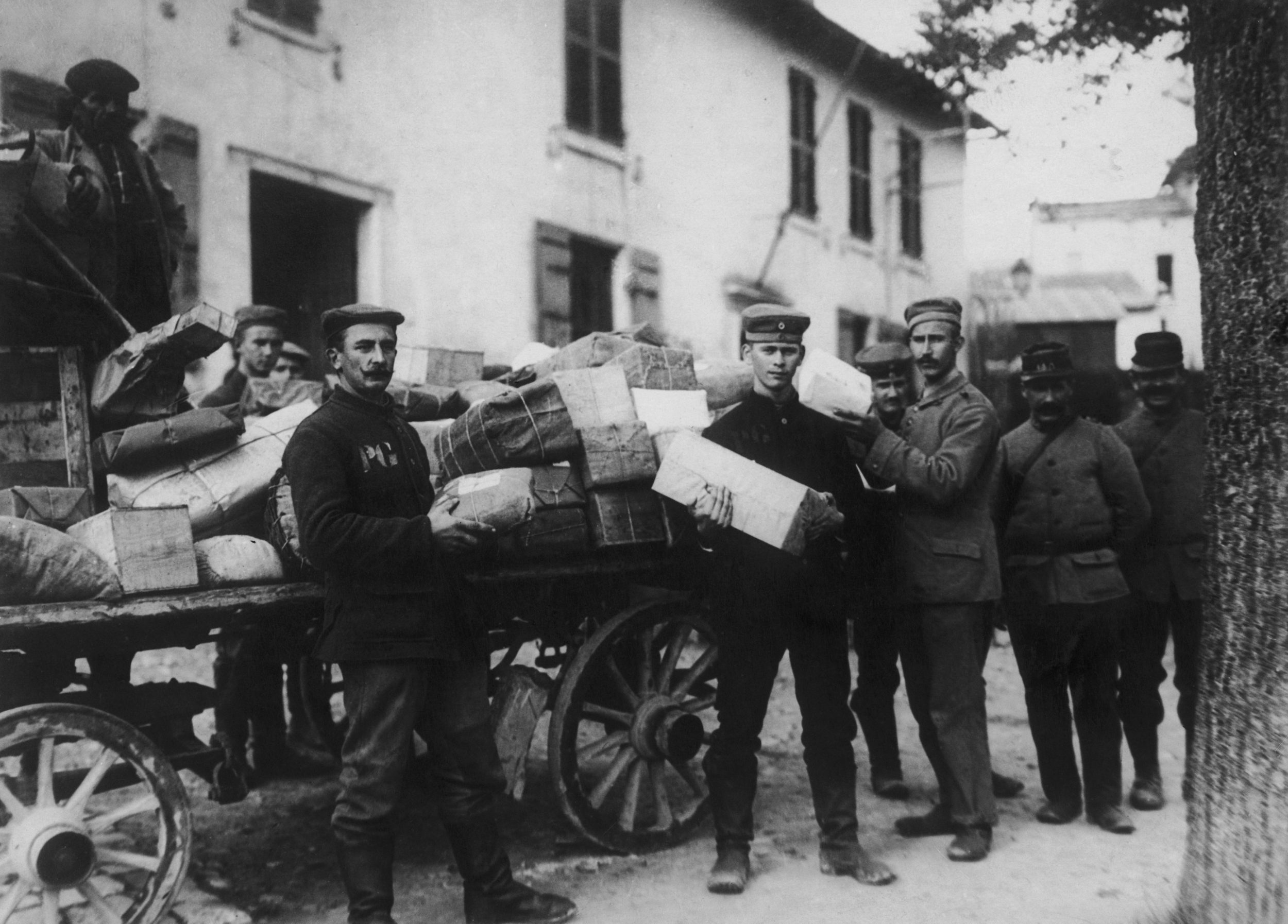Prisoners sort mail during World War II.