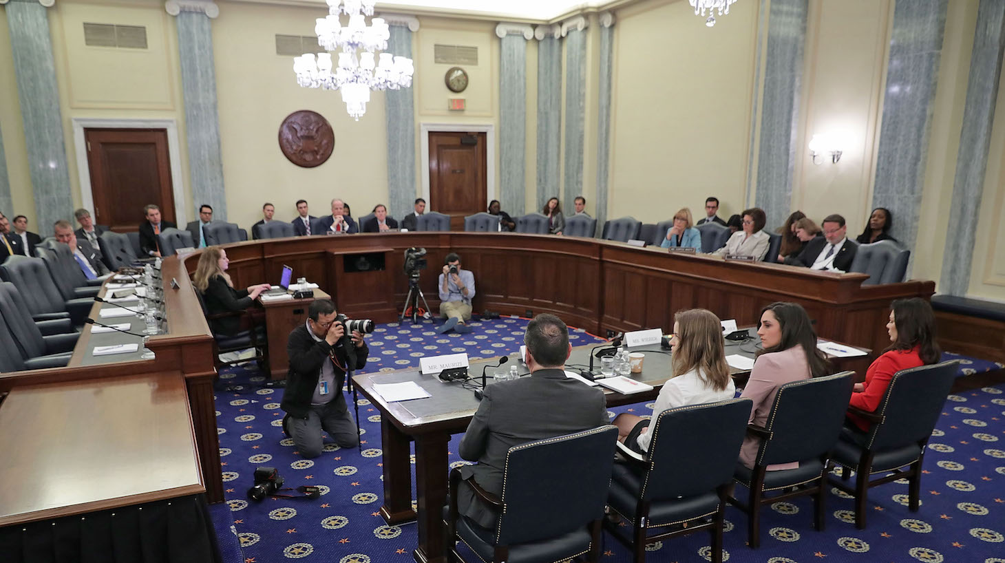 Olympic gold medal gymnast Jordyn Wieber, Olympic bronze medal gymnast Jamie Dantzcher, speedskater Bridie Farrell and figureskater Craig Maurizi testify before the Senate Commerce, Science and Transportation Committee's Consumer Protection, Product Safety, Insurance and Data Security Subcommittee during a hearing in the Russell Senate Office Building on Capitol Hill April 18, 2018 in Washington, DC. The atheleats testified during the hearing titled 'Olympic Abuse: The Role of National Governing Bodies in Protecting Our Athletes.'