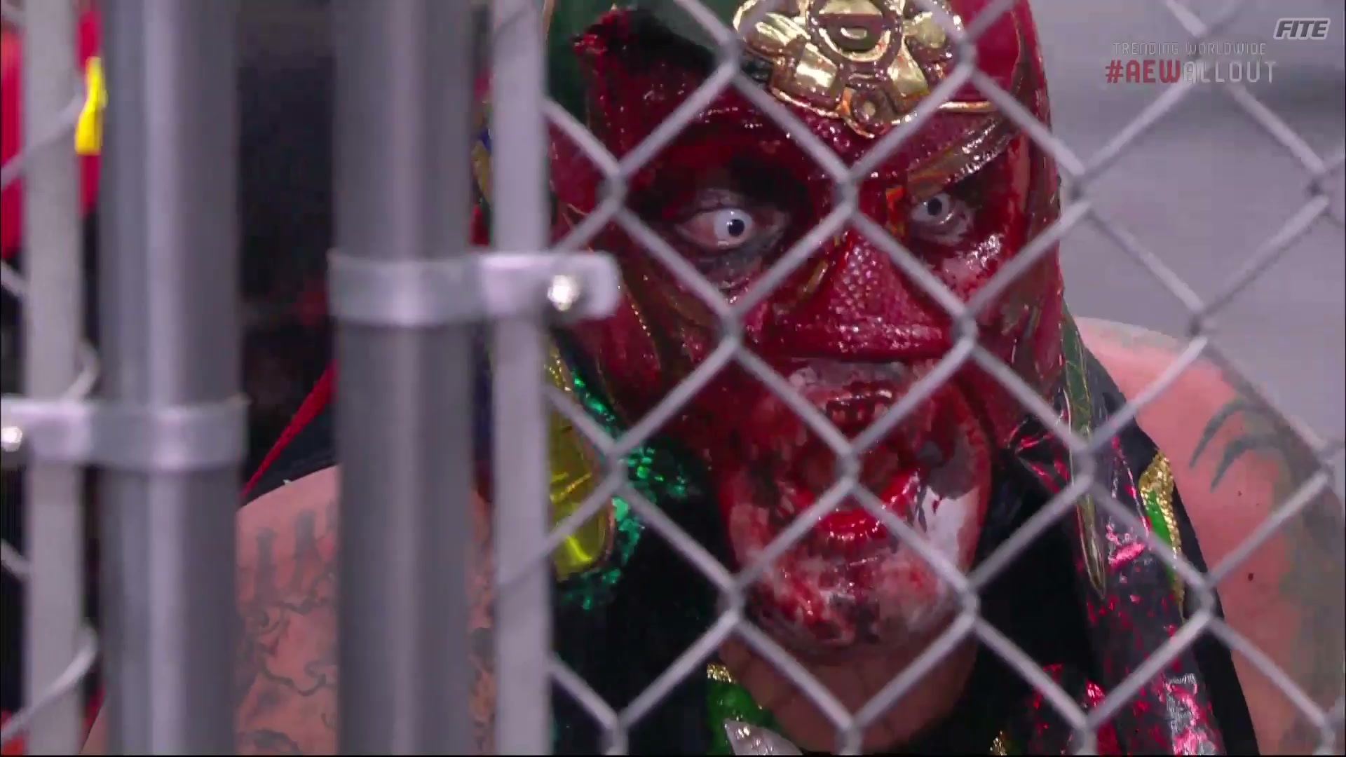 Penta El Zero Miedo covered in blood at AEW All Out