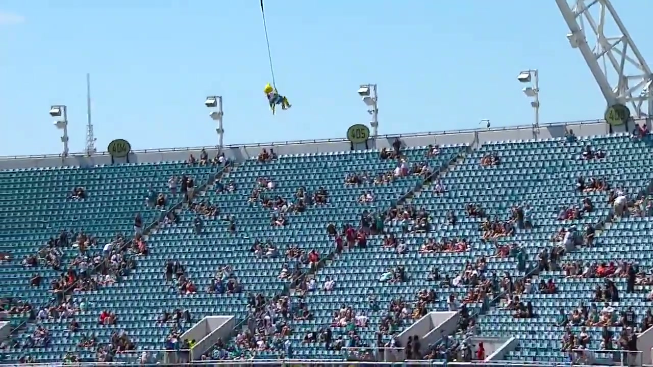 Jaguars mascot is left dangling above the field after botched bungee jump