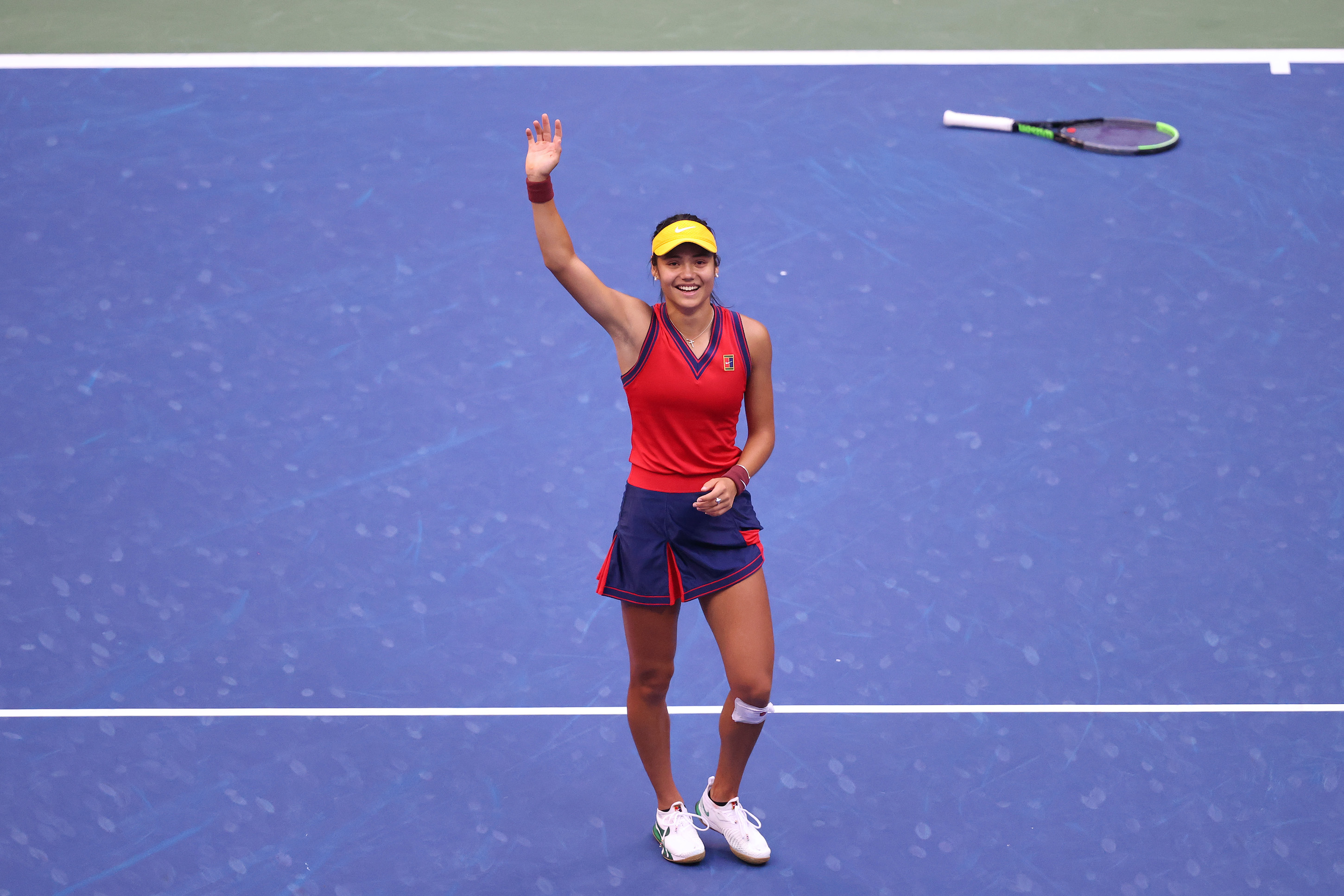 Emma Raducanu of Great Britain celebrates after winning championship point to defeat Leylah Annie Fernandez of Canada during the second set of their Women's Singles final match on Day Thirteen of the 2021 US Open at the USTA Billie Jean King National Tennis Center on September 11, 2021 in the Flushing neighborhood of the Queens borough of New York City.