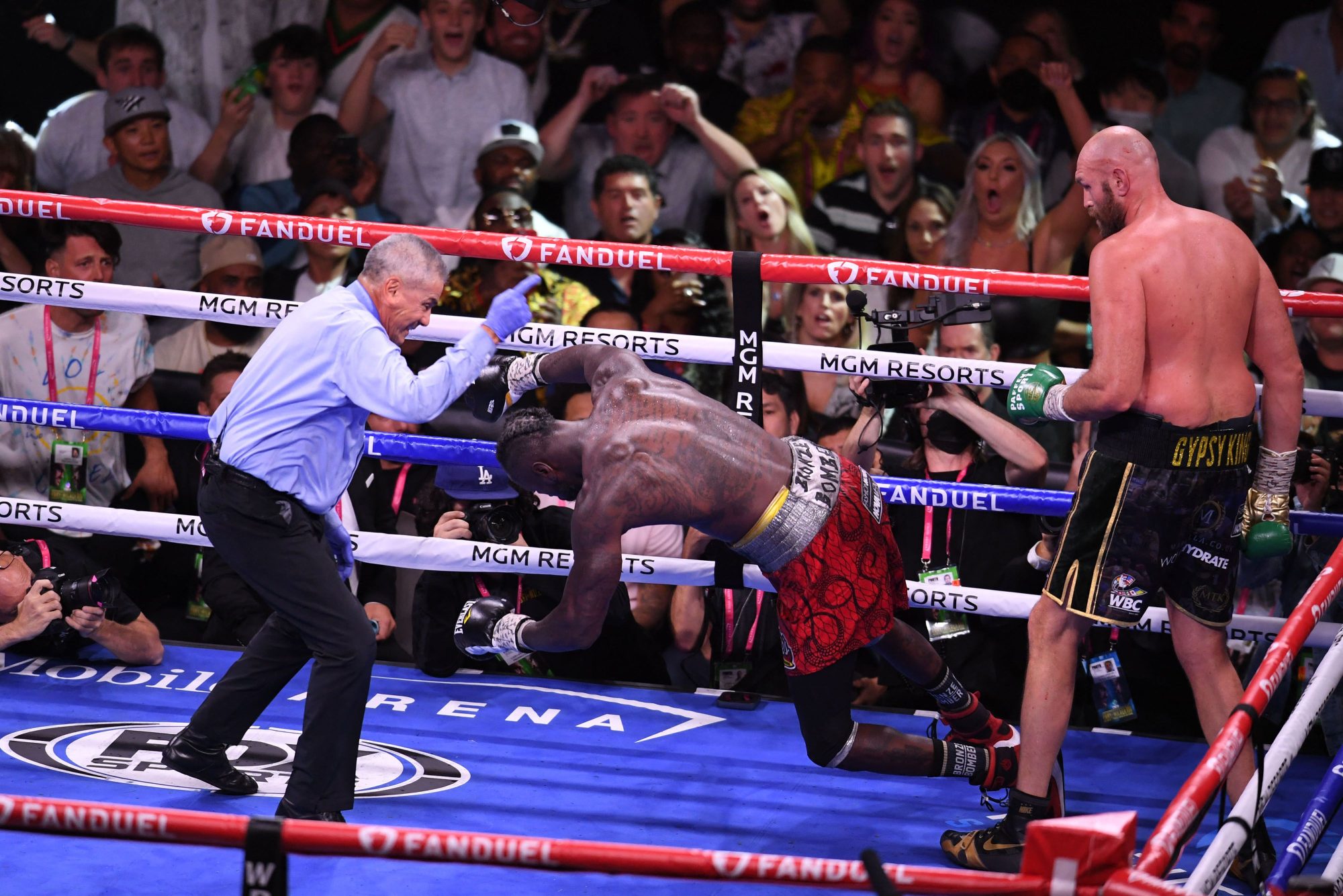Deontay Wilder falls to the mat