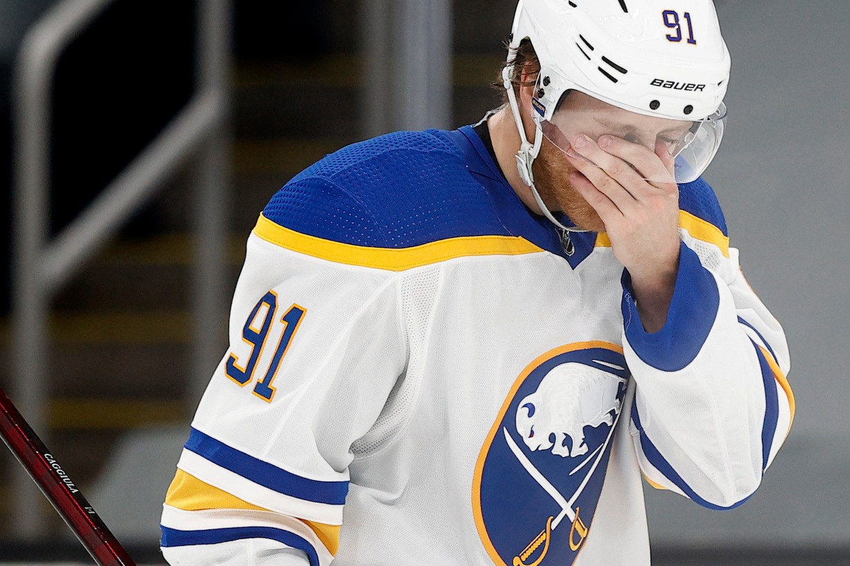 BOSTON, MASSACHUSETTS - MAY 01: Drake Caggiula #91 of the Buffalo Sabres reacts during the second period against the Boston Bruins at TD Garden on May 01, 2021 in Boston, Massachusetts. (Photo by Maddie Meyer/Getty Images)