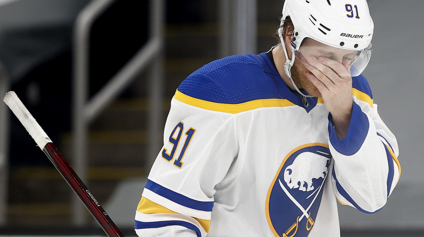 BOSTON, MASSACHUSETTS - MAY 01: Drake Caggiula #91 of the Buffalo Sabres reacts during the second period against the Boston Bruins at TD Garden on May 01, 2021 in Boston, Massachusetts. (Photo by Maddie Meyer/Getty Images)