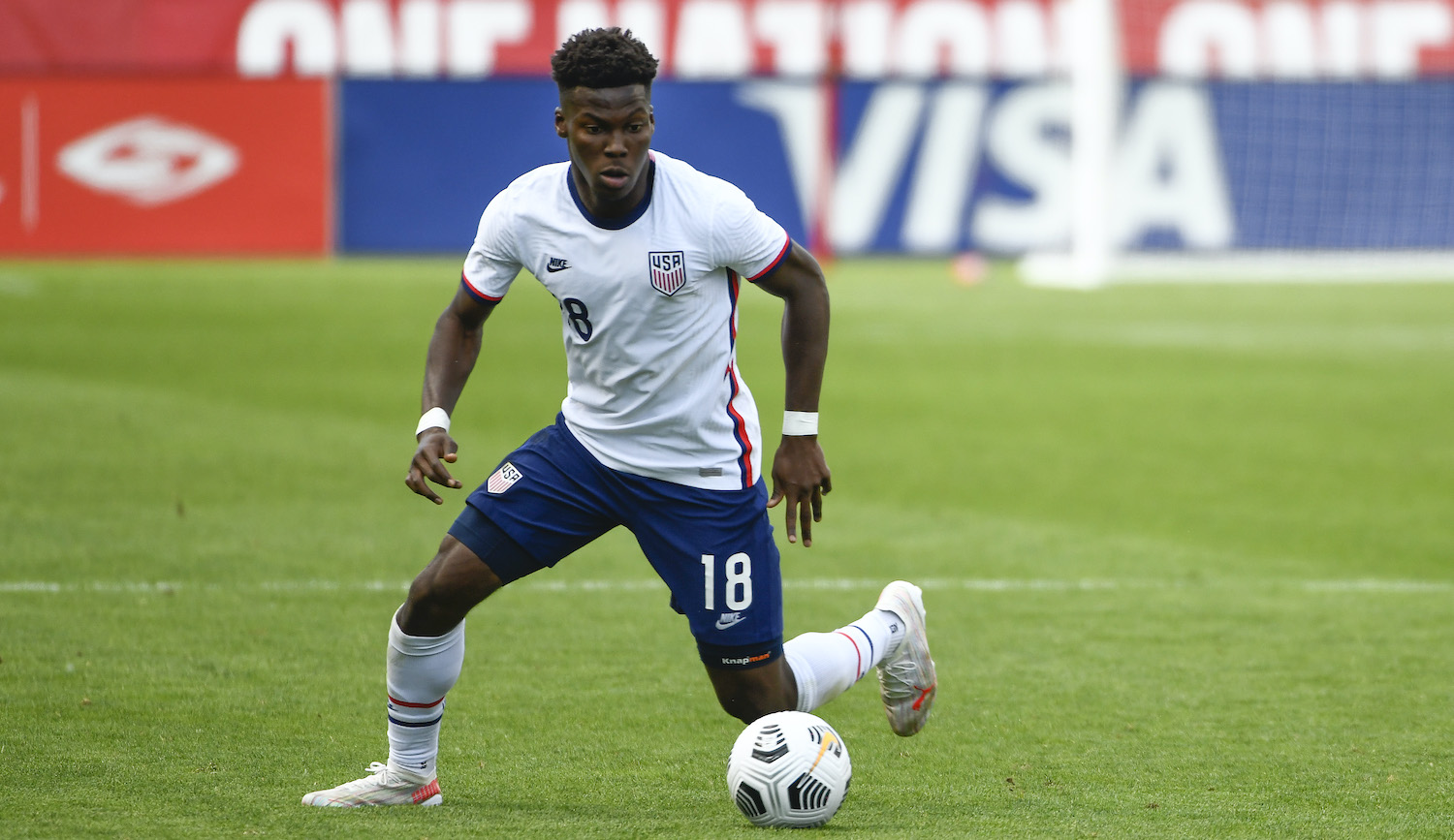 SANDY, UTAH - JUNE 09: Yunus Musah #18 of the United States in action during a game against Costa Rica at Rio Tinto Stadium on June 09, 2021 in Sandy, Utah. (Photo by Alex Goodlett/Getty Images)