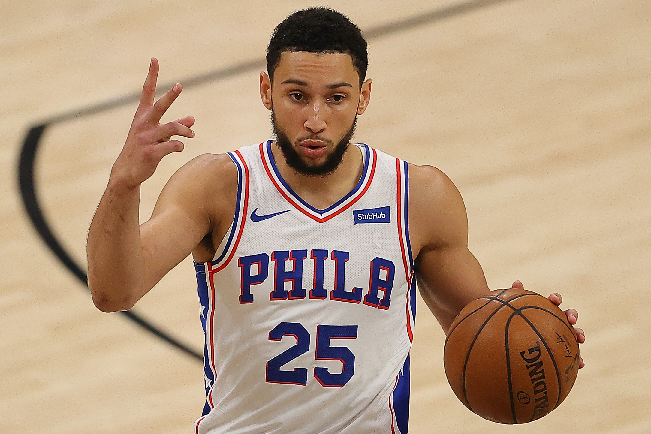 Ben Simmons #25 of the Philadelphia 76ers calls out a play against the Atlanta Hawks during the first half of game 6 of the Eastern Conference Semifinals.