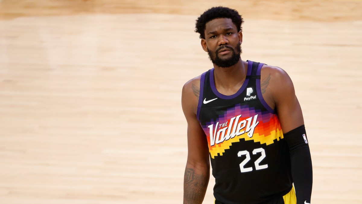 PHOENIX, ARIZONA - JULY 17: Deandre Ayton #22 of the Phoenix Suns reacts in the first half of game five of the NBA Finals at Footprint Center on July 17, 2021 in Phoenix, Arizona. NOTE TO USER: User expressly acknowledges and agrees that, by downloading and or using this photograph, User is consenting to the terms and conditions of the Getty Images License Agreement. (Photo by Christian Petersen/Getty Images)