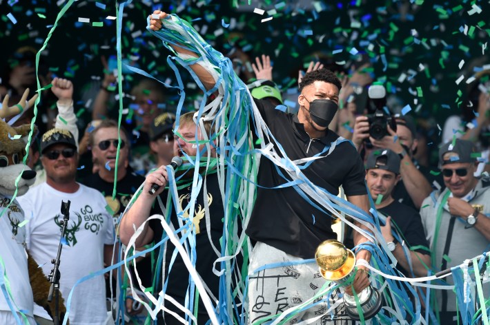 Giannis Antetokounmpo of the Milwaukee Bucks celebrates winning the 2020 NBA championship