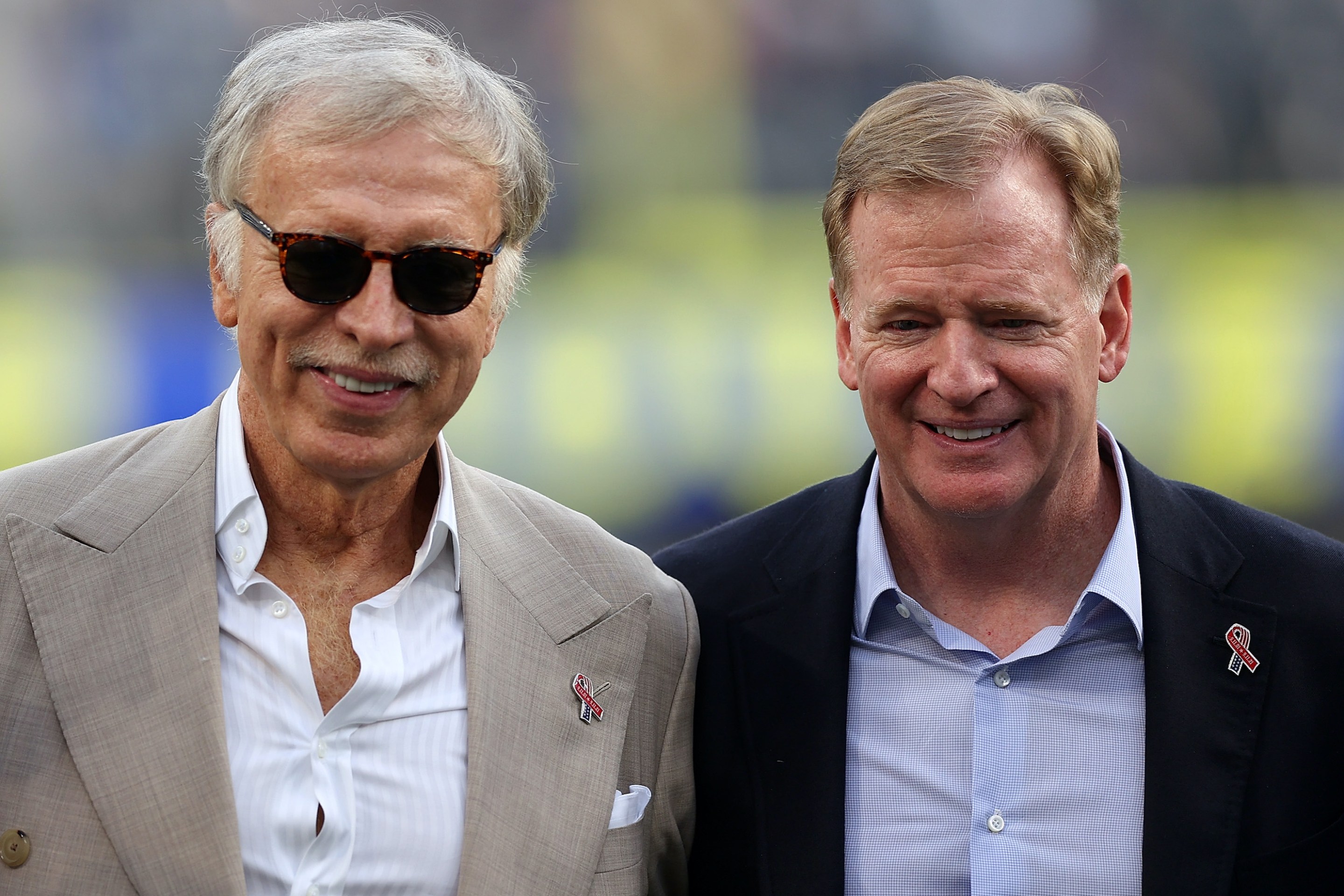 Los Angeles Rams team owner Stan Kroenke and NFL commissioner Roger Goodell pose for a picture prior to a game against the Chicago Bears at SoFi Stadium on September 12, 2021 in Inglewood, California.