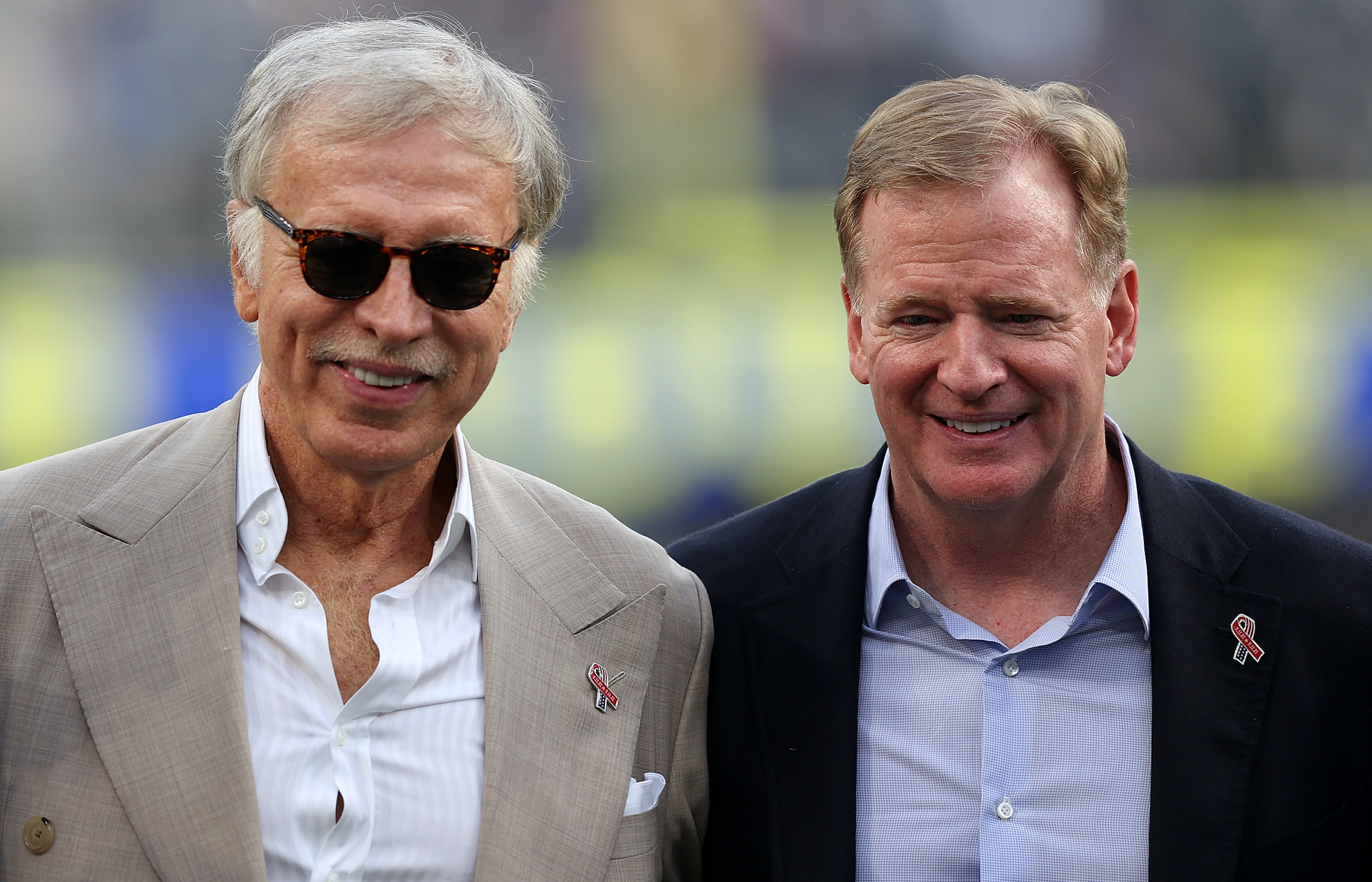 Los Angeles Rams team owner Stan Kroenke and NFL commissioner Roger Goodell pose for a picture prior to a game against the Chicago Bears at SoFi Stadium on September 12, 2021 in Inglewood, California.