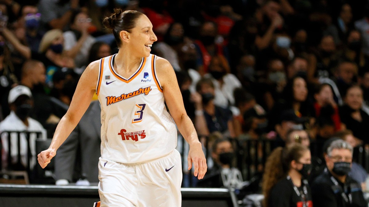 Diana Taurasi #3 of the Phoenix Mercury reacts after hitting a 3-pointer against the Las Vegas Aces during Game Two of the 2021 WNBA Playoffs semifinals at Michelob ULTRA Arena on September 30, 2021 in Las Vegas, Nevada. The Mercury defeated the Aces 117-91.