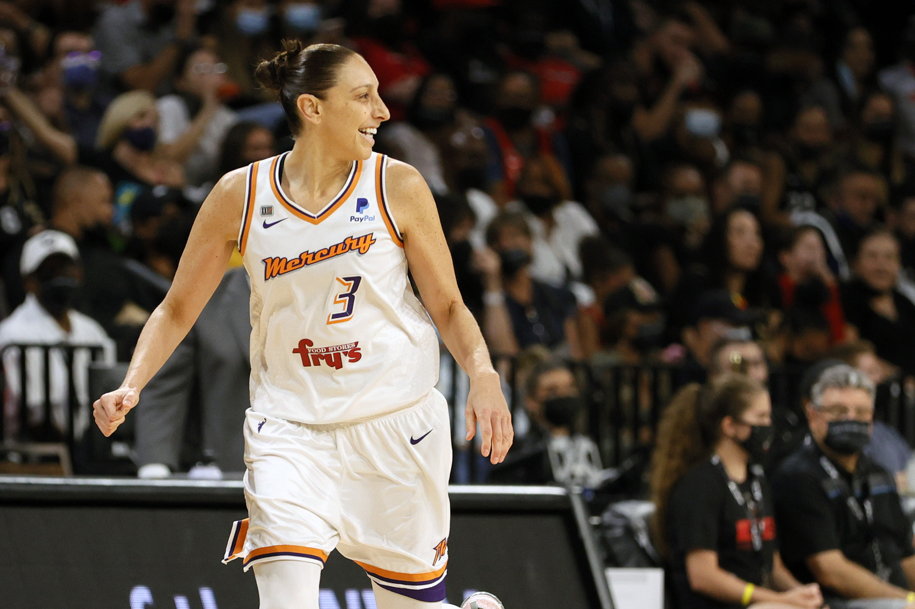 Diana Taurasi #3 of the Phoenix Mercury reacts after hitting a 3-pointer against the Las Vegas Aces during Game Two of the 2021 WNBA Playoffs semifinals at Michelob ULTRA Arena on September 30, 2021 in Las Vegas, Nevada. The Mercury defeated the Aces 117-91.