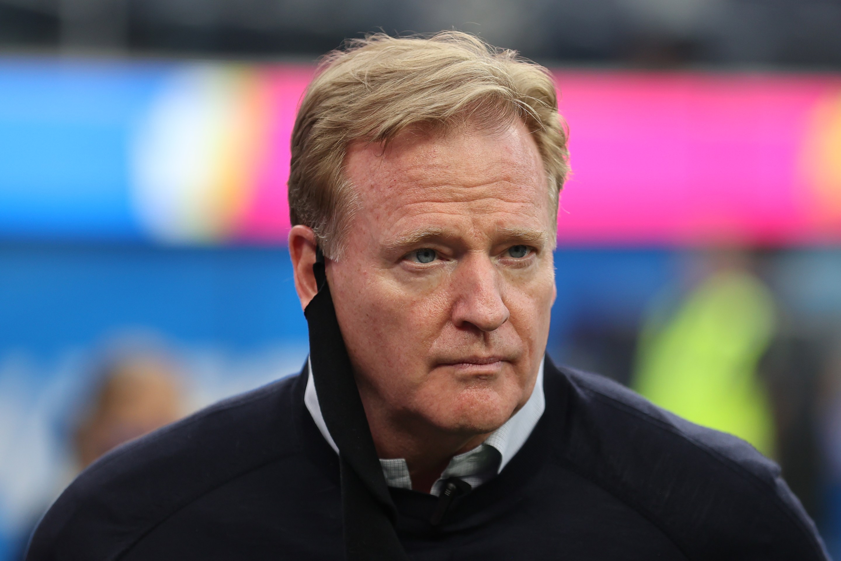 INGLEWOOD, CALIFORNIA - OCTOBER 04: NFL commissioner Roger Goodell looks on before the Las Vegas Raiders play against the Los Angeles Chargers at SoFi Stadium on October 4, 2021 in Inglewood, California. (Photo by Sean M. Haffey/Getty Images)