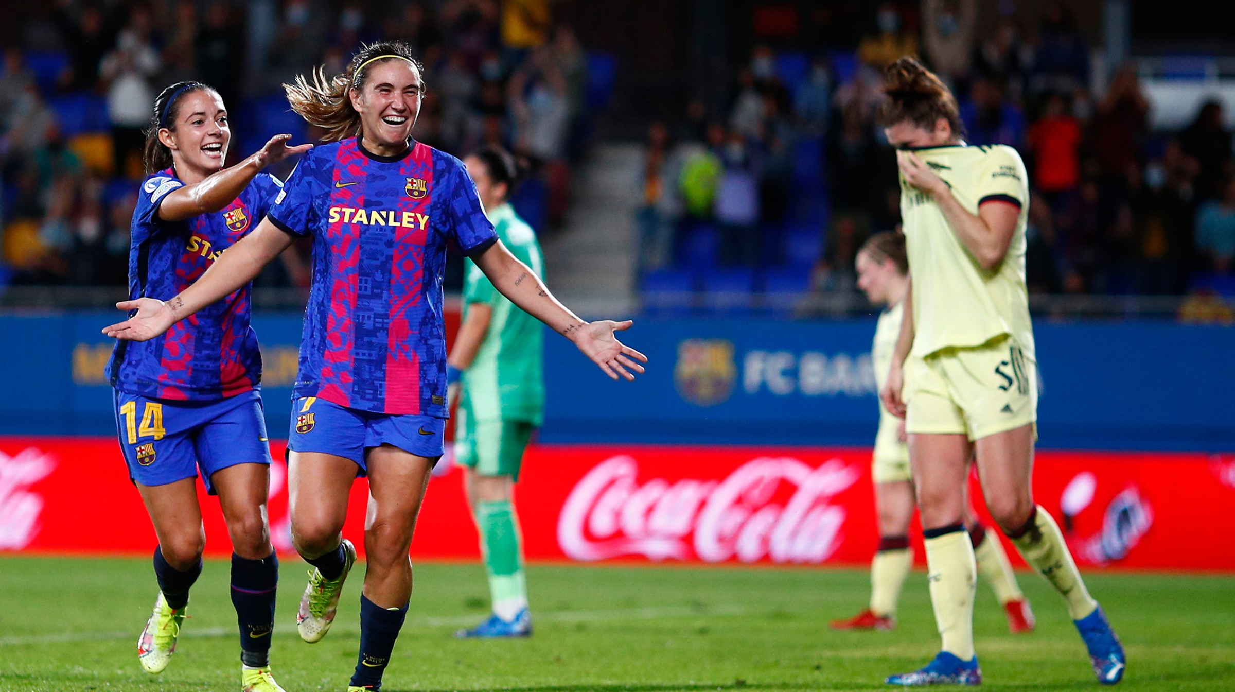 Mariona Caldentey of FC Barcelona celebrates scoring the opening goal during the UEFA Women's Champions League group C match between FC Barcelona and Arsenal WFC at Estadi Johan Cruyff on October 05, 2021 in Barcelona, Spain.