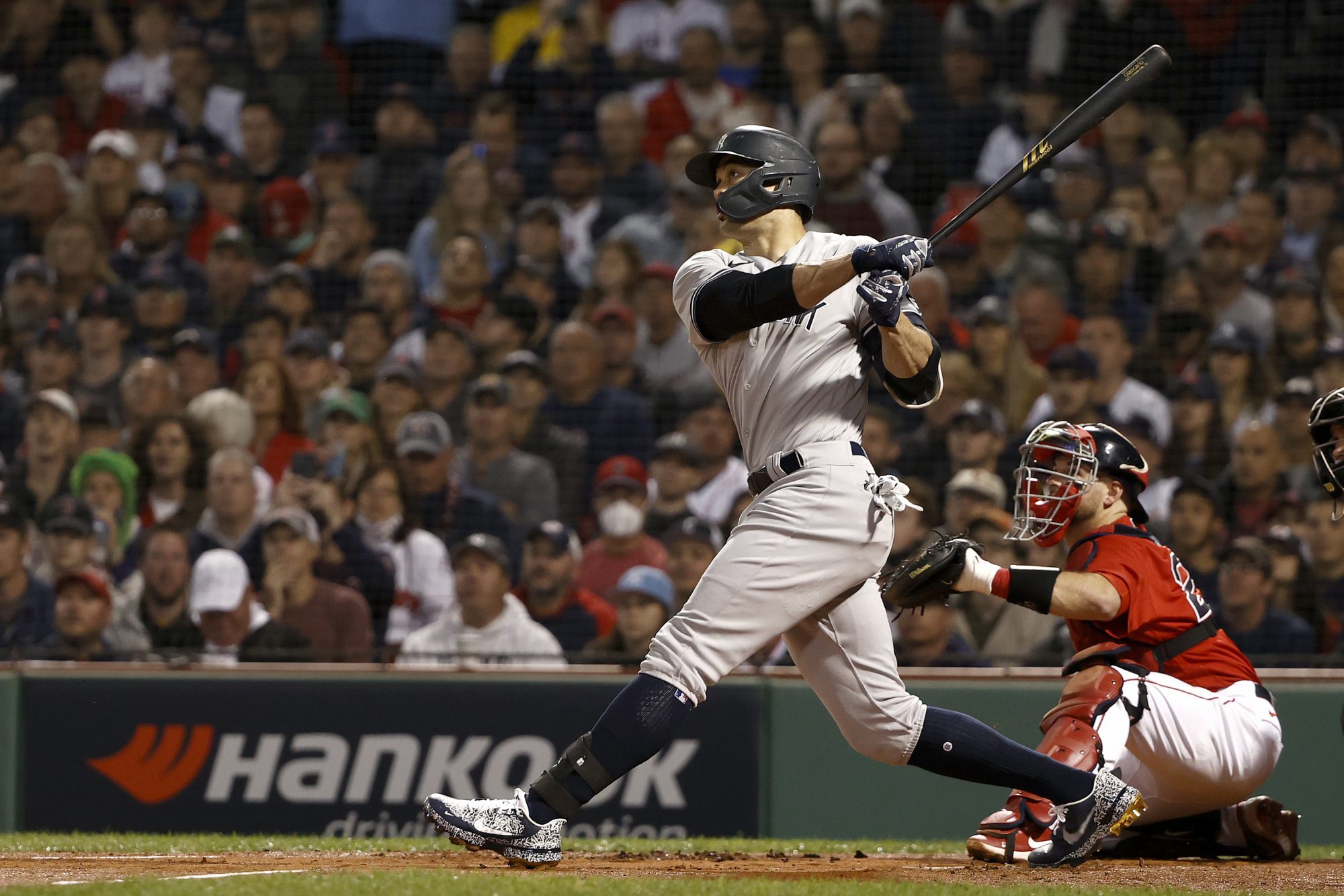 Giancarlo Stanton of the New York Yankees socks a mega dinger off the wall in left, for a single.