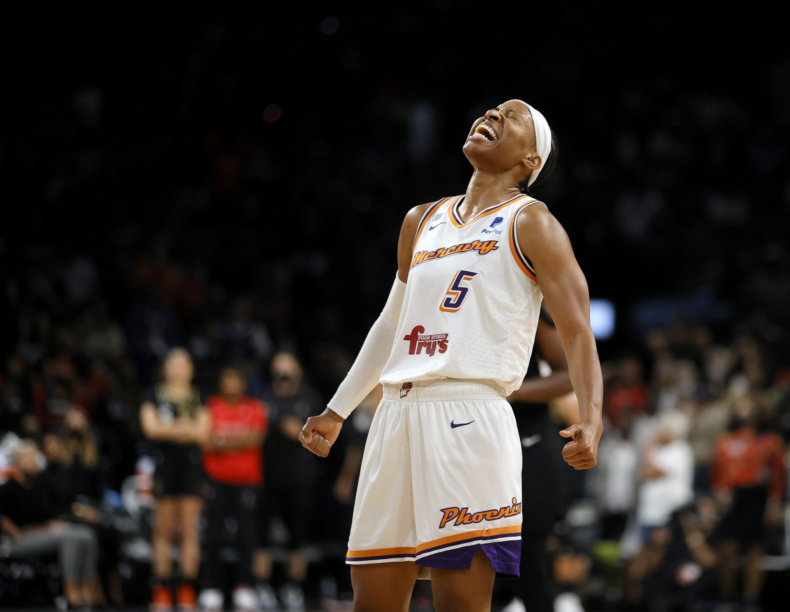 Shey Peddy #5 of the Phoenix Mercury celebrates as time expires in Game Five of the 2021 WNBA Playoffs semifinals against the Las Vegas Aces at Michelob ULTRA Arena on October 8, 2021 in Las Vegas, Nevada. The Mercury defeated the Aces 87-84 to win the series.