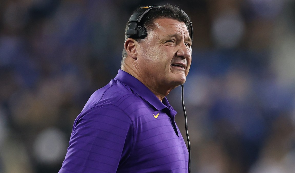 LEXINGTON, KENTUCKY - OCTOBER 09: Ed Orgeron the head coach of the LSU Tigers against the Kentucky Wildcats at Kroger Field on October 09, 2021 in Lexington, Kentucky. (Photo by Andy Lyons/Getty Images)