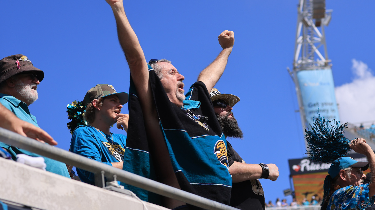 JACKSONVILLE, FLORIDA - OCTOBER 10: Jacksonville Jaguars fans react during the second quarter against the Tennessee Titans at TIAA Bank Field on October 10, 2021 in Jacksonville, Florida. (Photo by Sam Greenwood/Getty Images)