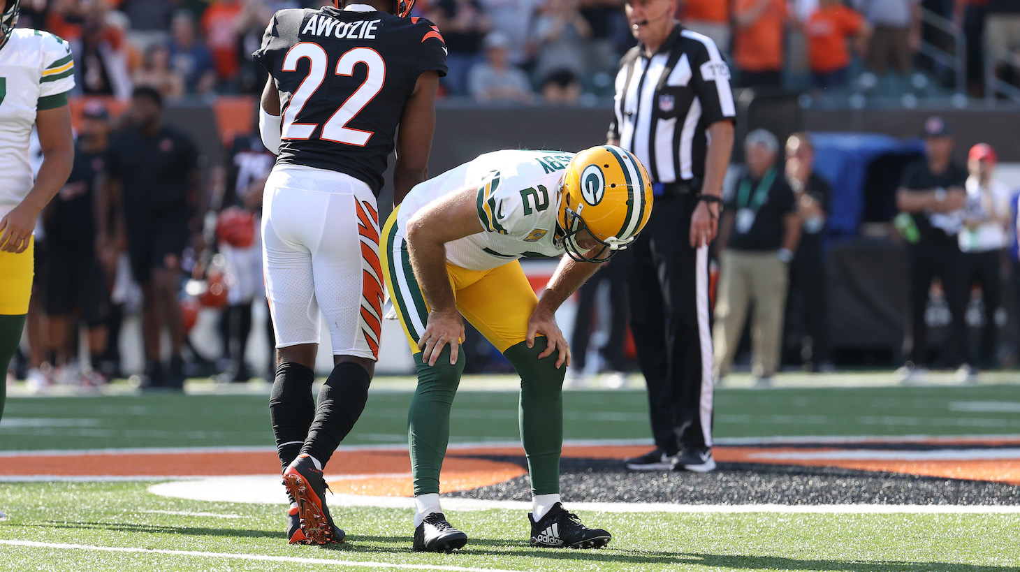 CINCINNATI, OHIO - OCTOBER 10: Mason Crosby #2 of the Green Bay Packers reacts after missing a field goal during overtime against the Cincinnati Bengals at Paul Brown Stadium on October 10, 2021 in Cincinnati, Ohio. (Photo by Andy Lyons/Getty Images)