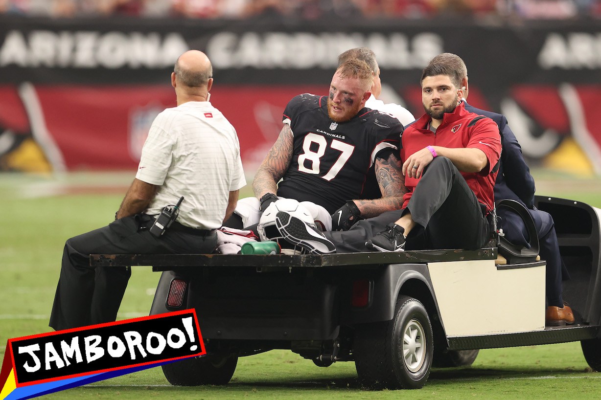 GLENDALE, ARIZONA - OCTOBER 10: Maxx Williams #87 of the Arizona Cardinals is carted off the field after sustaining a injury during the second quarter against the San Francisco 49ers at State Farm Stadium on October 10, 2021 in Glendale, Arizona. (Photo by Christian Petersen/Getty Images)