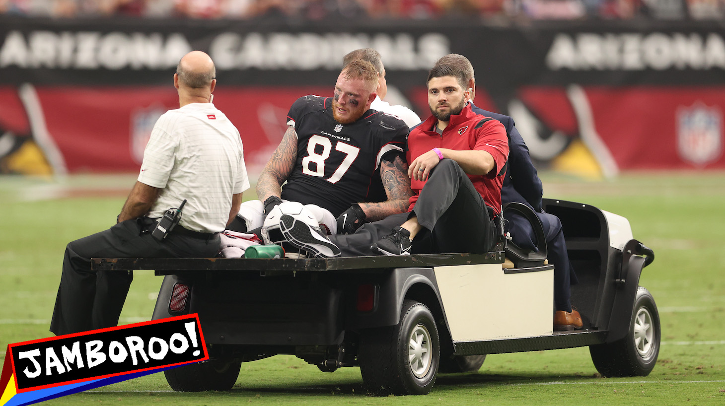 GLENDALE, ARIZONA - OCTOBER 10: Maxx Williams #87 of the Arizona Cardinals is carted off the field after sustaining a injury during the second quarter against the San Francisco 49ers at State Farm Stadium on October 10, 2021 in Glendale, Arizona. (Photo by Christian Petersen/Getty Images)