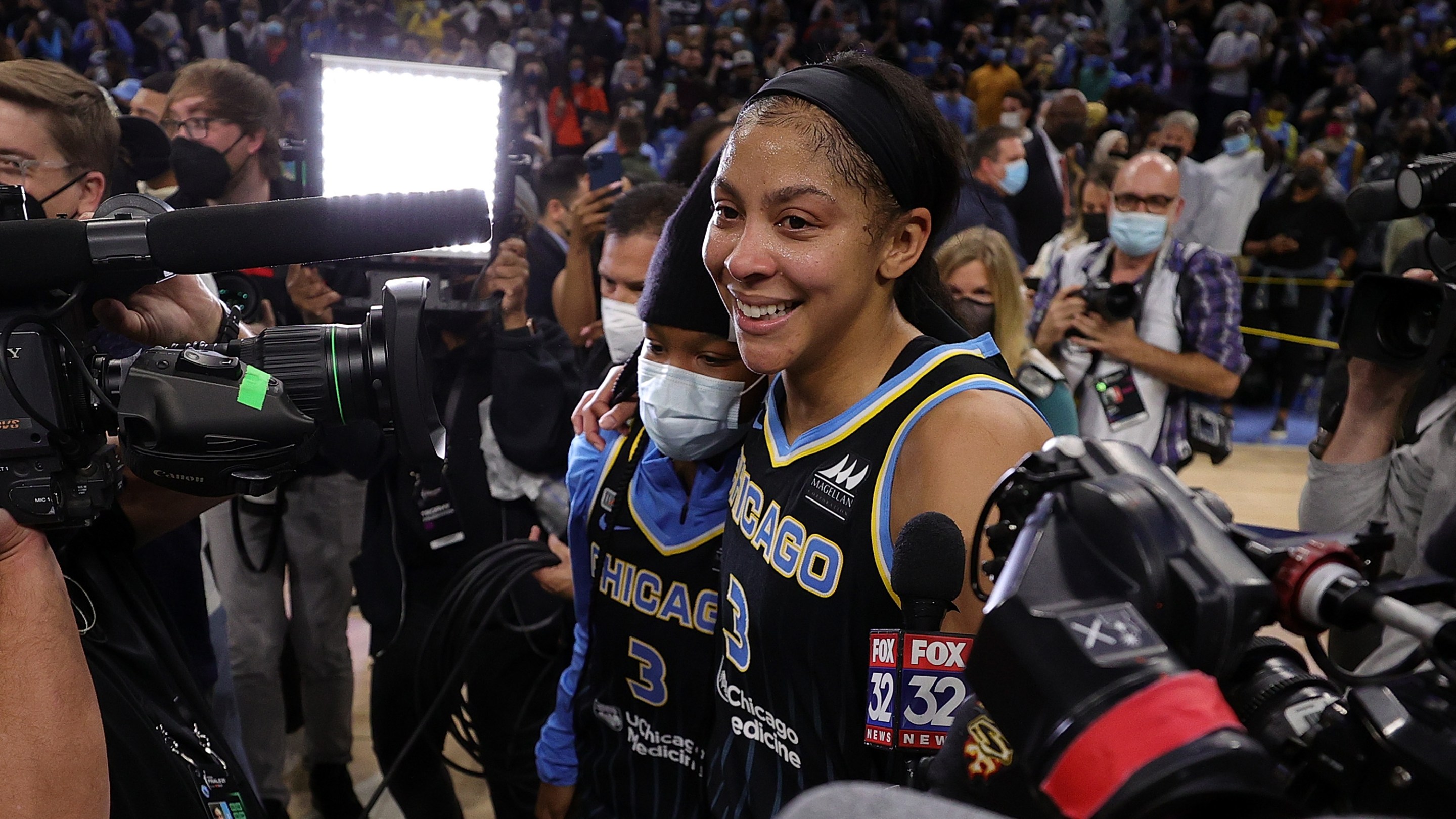 Candace Parker #3 of the Chicago Sky celebrates after defeating the Phoenix Mercury 80-74 in Game Four of the WNBA Finals to win the championship at Wintrust Arena on October 17, 2021 in Chicago, Illinois.