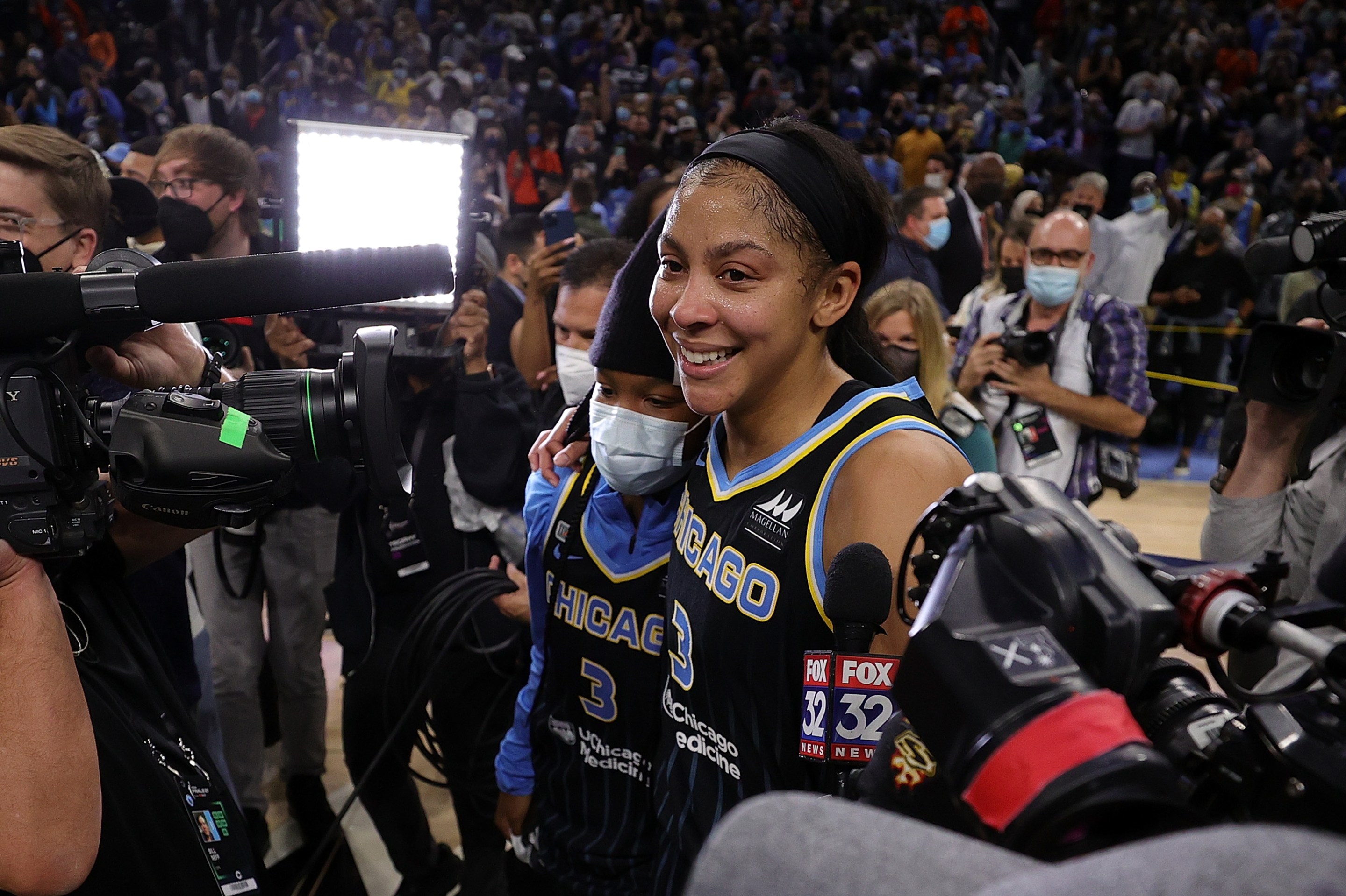 Candace Parker #3 of the Chicago Sky celebrates after defeating the Phoenix Mercury 80-74 in Game Four of the WNBA Finals to win the championship at Wintrust Arena on October 17, 2021 in Chicago, Illinois.