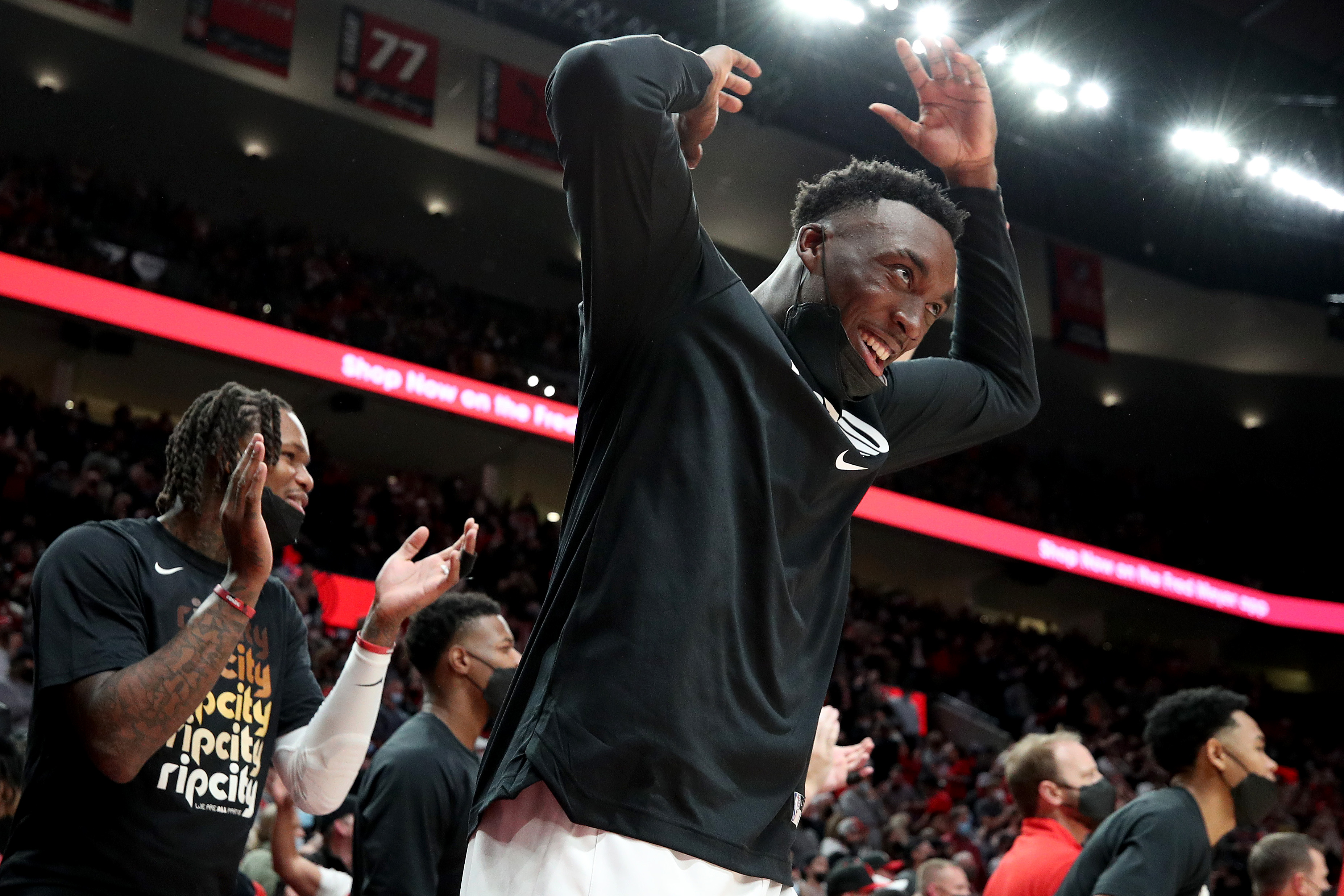 PORTLAND, OREGON - OCTOBER 20: Nassir Little #9 of the Portland Trail Blazers reacts during the fourth quarter against the Sacramento Kings at Moda Center on October 20, 2021 in Portland, Oregon. NOTE TO USER: User expressly acknowledges and agrees that, by downloading and or using this photograph, User is consenting to the terms and conditions of the Getty Images License Agreement. (Photo by Steph Chambers/Getty Images)