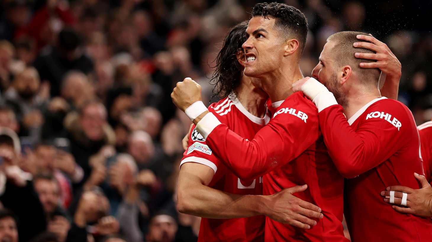 Cristiano Ronaldo of Manchester United celebrates after scoring their side's third goal during the UEFA Champions League group F match between Manchester United and Atalanta at Old Trafford on October 20, 2021 in Manchester, England.