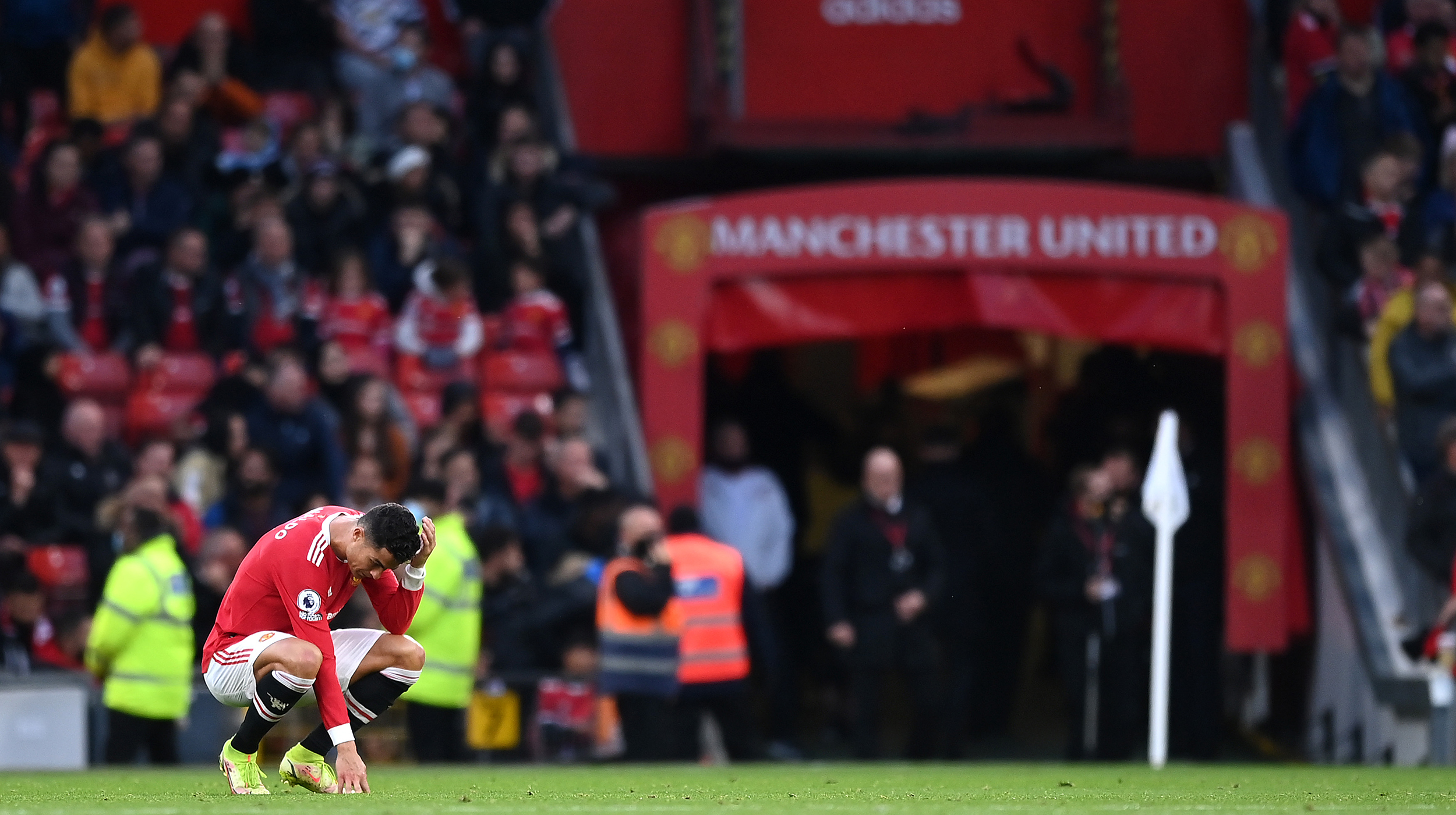 Cristiano Ronaldo of Manchester United looks dejected during the Premier League match between Manchester United and Liverpool at Old Trafford on October 24, 2021 in Manchester, England.