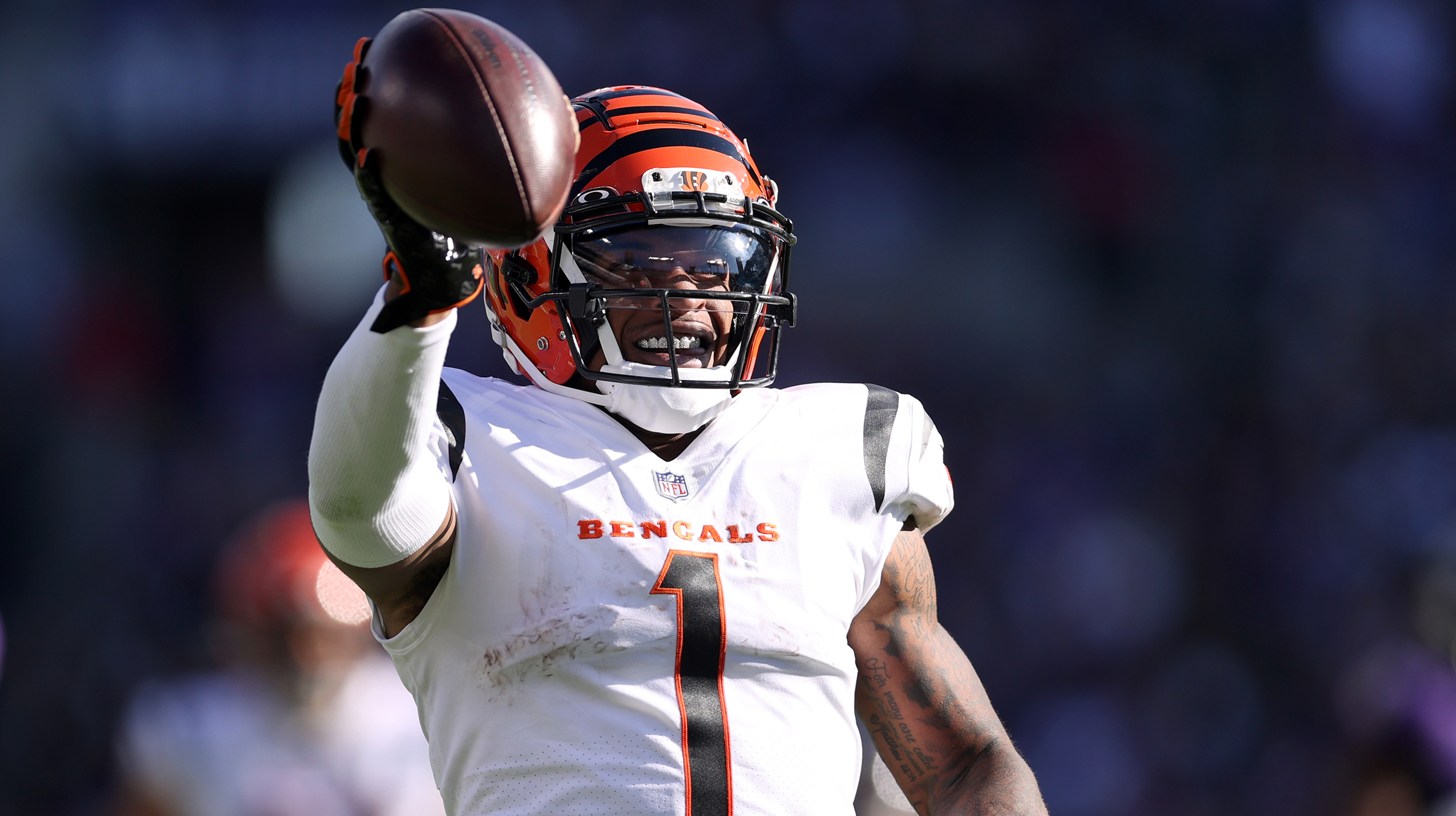 Ja'Marr Chase #1 of the Cincinnati Bengals celebrates a touchdown during the second half in the game against the Baltimore Ravens at M&T Bank Stadium on October 24, 2021 in Baltimore, Maryland.