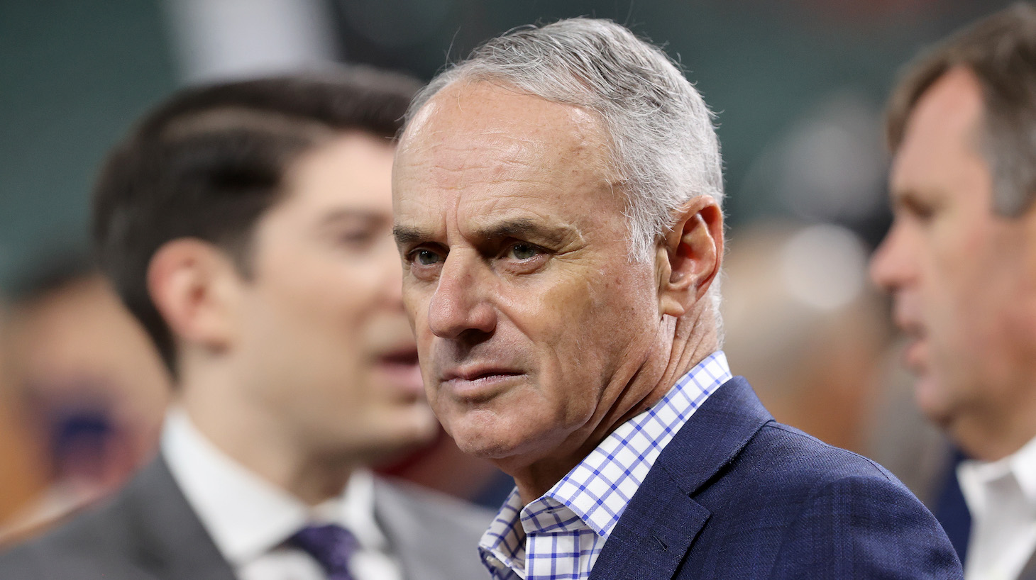 HOUSTON, TEXAS - OCTOBER 26: Major League Baseball Commissioner Rob Manfred looks on prior to Game One of the World Series between the Atlanta Braves and the Houston Astros at Minute Maid Park on October 26, 2021 in Houston, Texas. (Photo by Bob Levey/Getty Images)