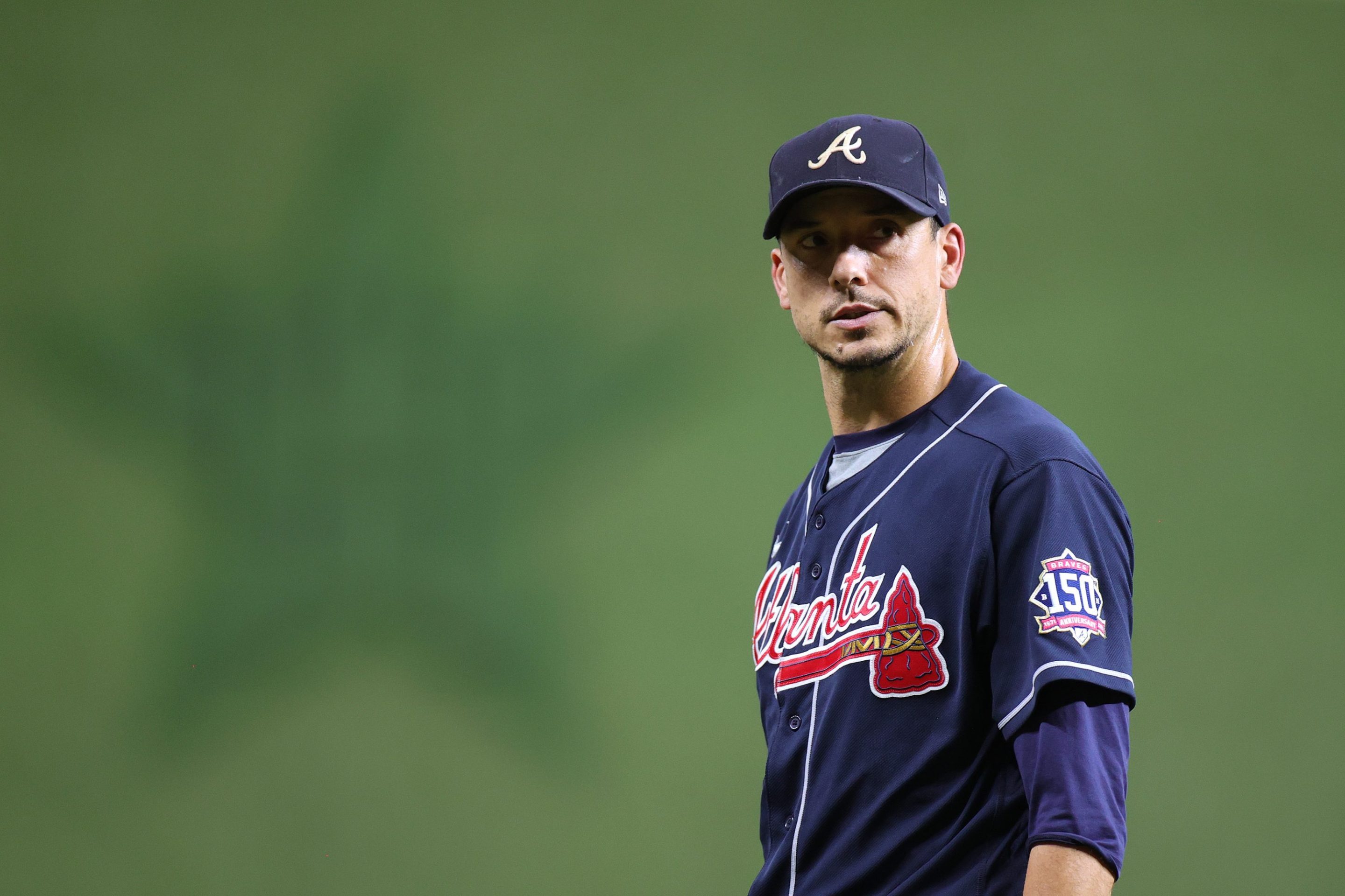 Charlie Morton #50 of the Atlanta Braves looks on against the Houston Astros during the second inning in Game One of the World Series at Minute Maid Park on October 26, 2021 in Houston, Texas.