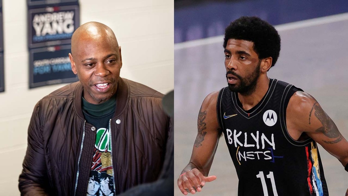 Side-by-side images of Dave Chappelle and Kyrie Irving.
