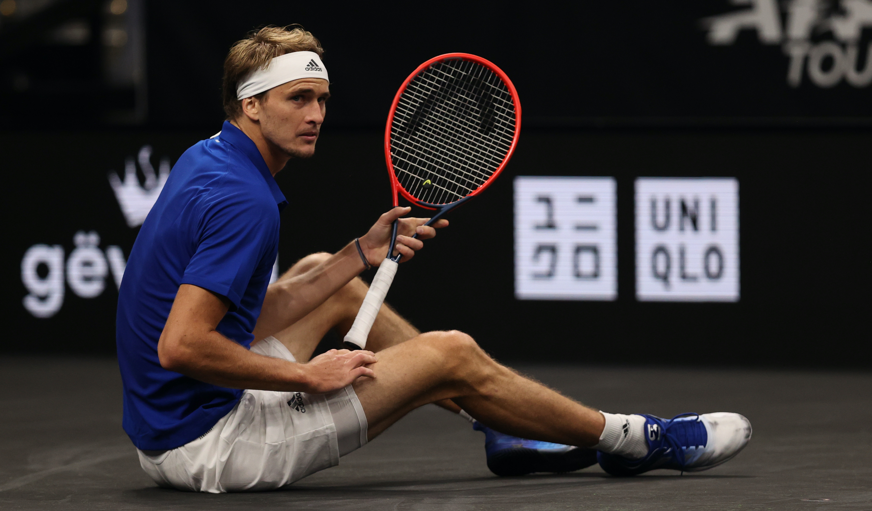 Alexander Zverev of Team Europe reacts to a shot against John Isner of Team World during the sixth match during Day 2 of the 2021 Laver Cup at TD Garden on September 25, 2021 in Boston, Massachusetts.