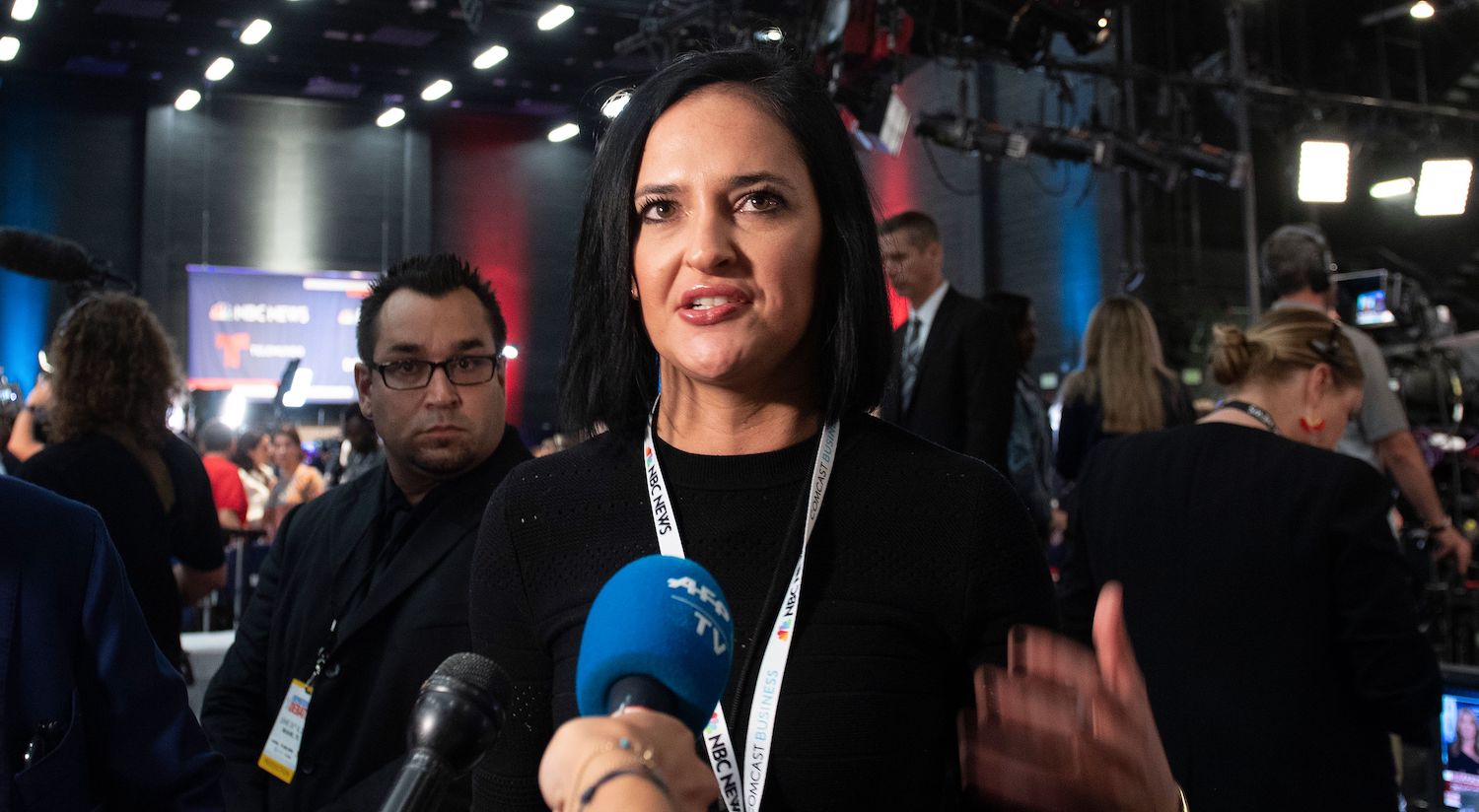 Democratic presidential hopeful Pete Buttigieg's spokesperson Lis Smith speaks to the press in the Spin Room after participating in the second Democratic primary debate of the 2020 presidential campaign season hosted by NBC News at the Adrienne Arsht Center for the Performing Arts in Miami, Florida, June 27, 2019. (Photo by JIM WATSON / AFP) (Photo credit should read JIM WATSON/AFP via Getty Images)