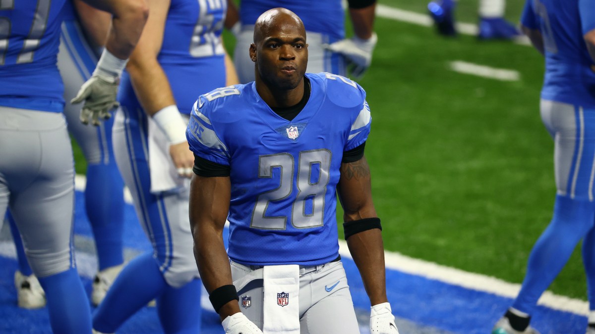Adrian Peterson #28 of the Detroit Lions walks off the field before a game against the Minnesota Vikings at Ford Field on January 3, 2021 in Detroit, Michigan.
