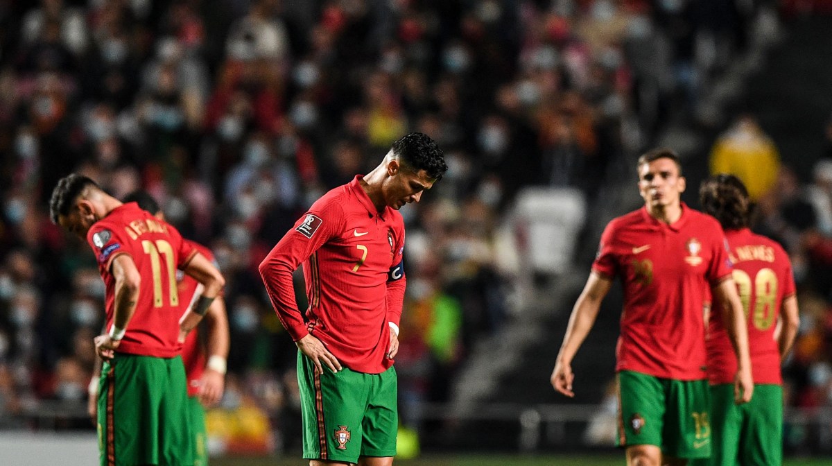 Portugal's forward Cristiano Ronaldo reacts during the FIFA World Cup Qatar 2022 qualification group A football match between Portugal and Serbia, at the Luz stadium in Lisbon, on November 14, 2021.