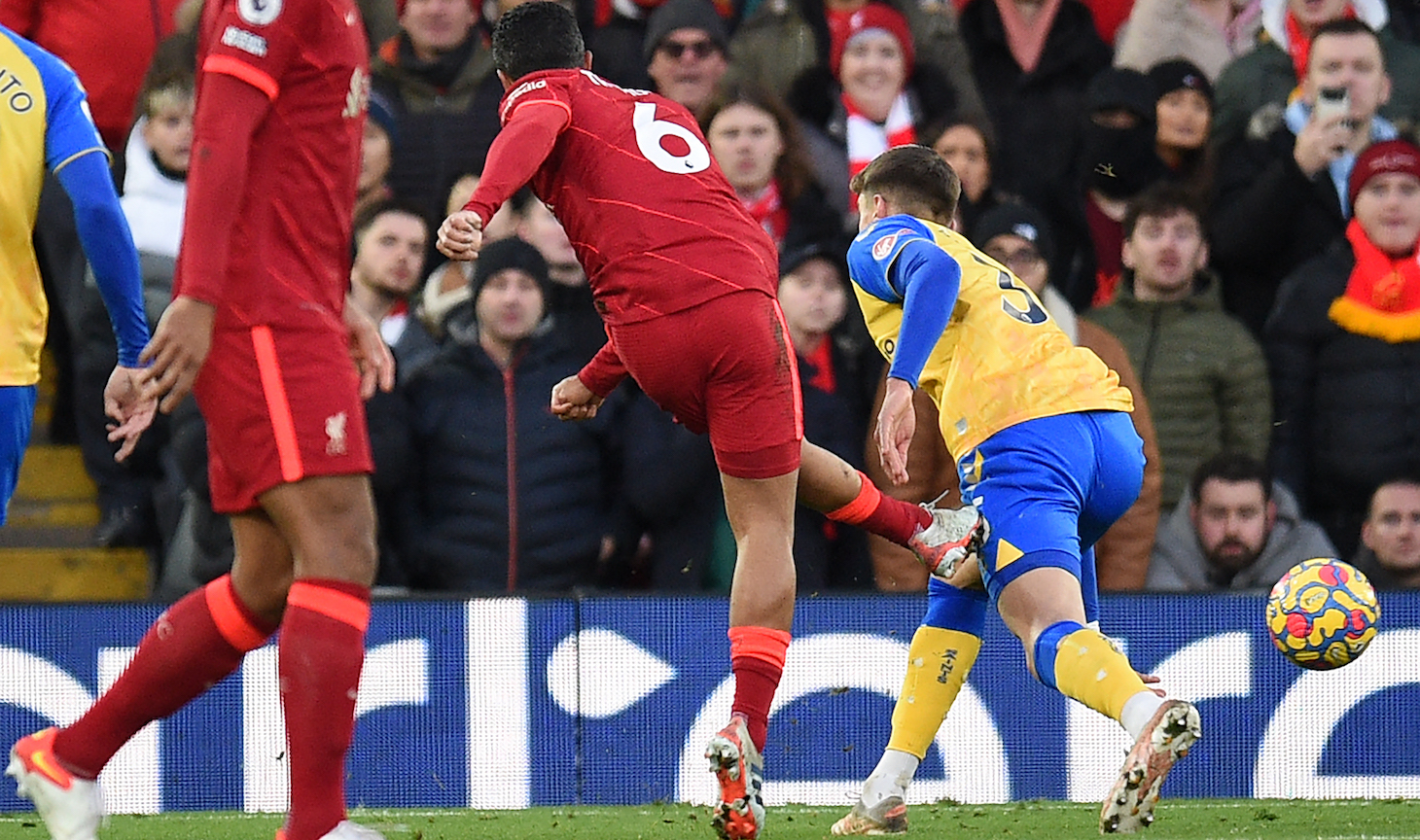 Liverpool's Spanish midfielder Thiago Alcantara shoots to score their third goal during the English Premier League football match between Liverpool and Southampton at Anfield in Liverpool, north west England on November 27, 2021.
