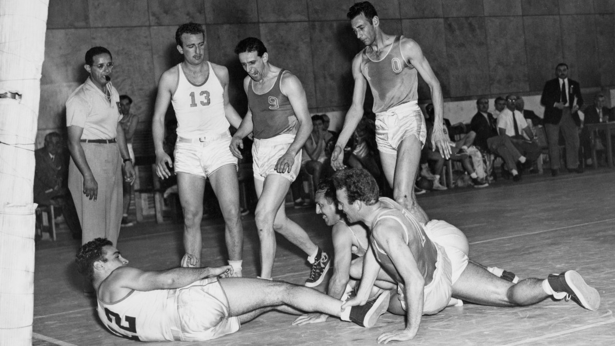 Argentine and Uruguayan players compete, or mostly kind of lay around, in basketball at the 1952 Summer Olympics.
