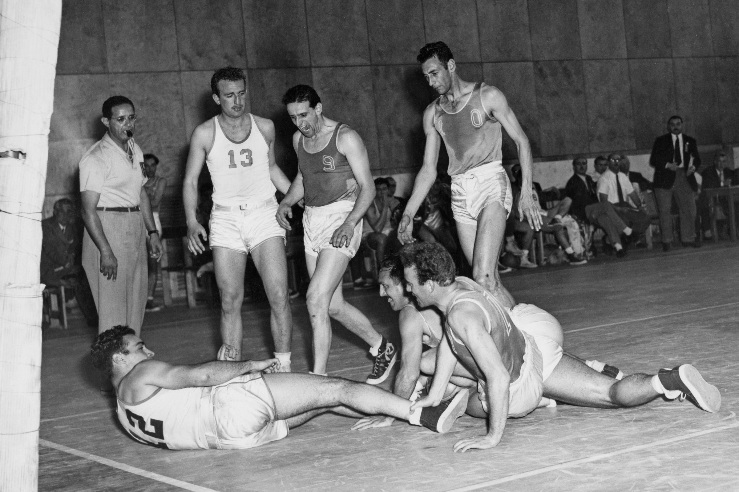 Argentine and Uruguayan players compete, or mostly kind of lay around, in basketball at the 1952 Summer Olympics.