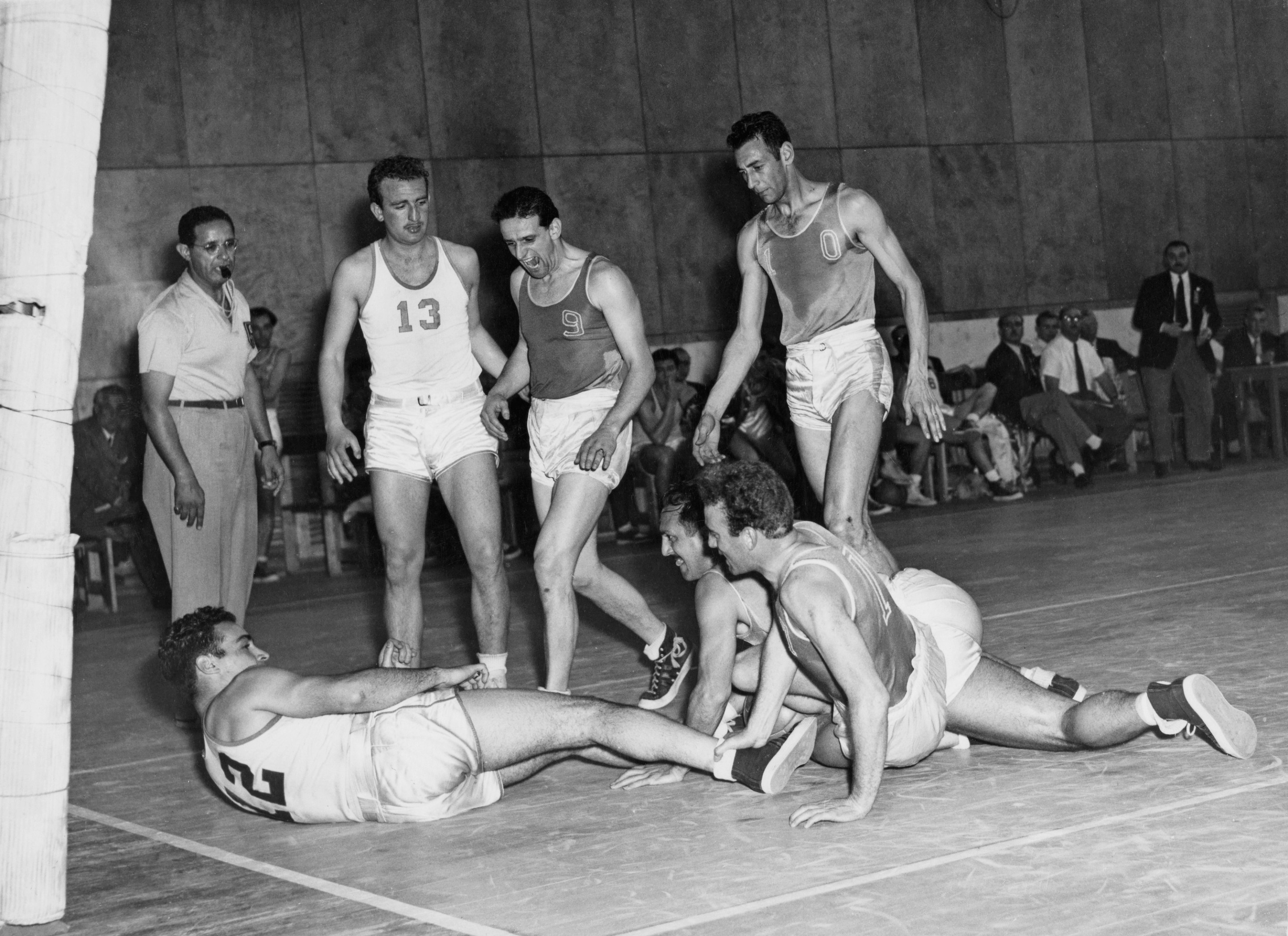 Argentine and Uruguayan players compete, or mostly kind of lay around, in basketball at the 1952 Summer Olympics.